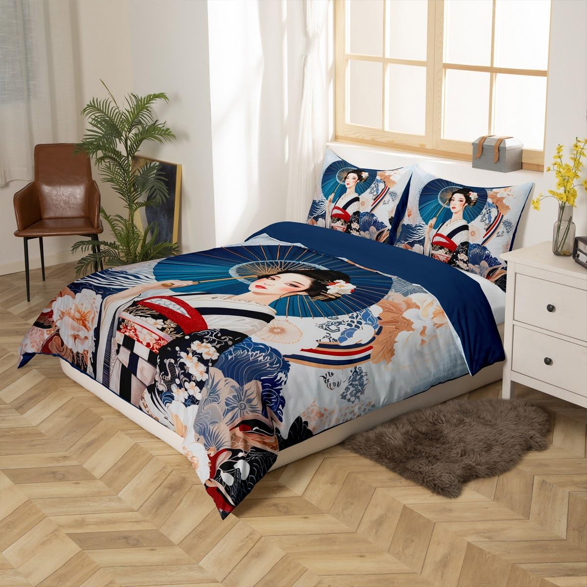 jejeloiu Japan Geisha Comforter Cover Toddler Kids Flower Floral Pattern Bedding Set for Boys Girls Teens Japanese Ocean Wave Style Duvet Cover Room Decor?No Comforter