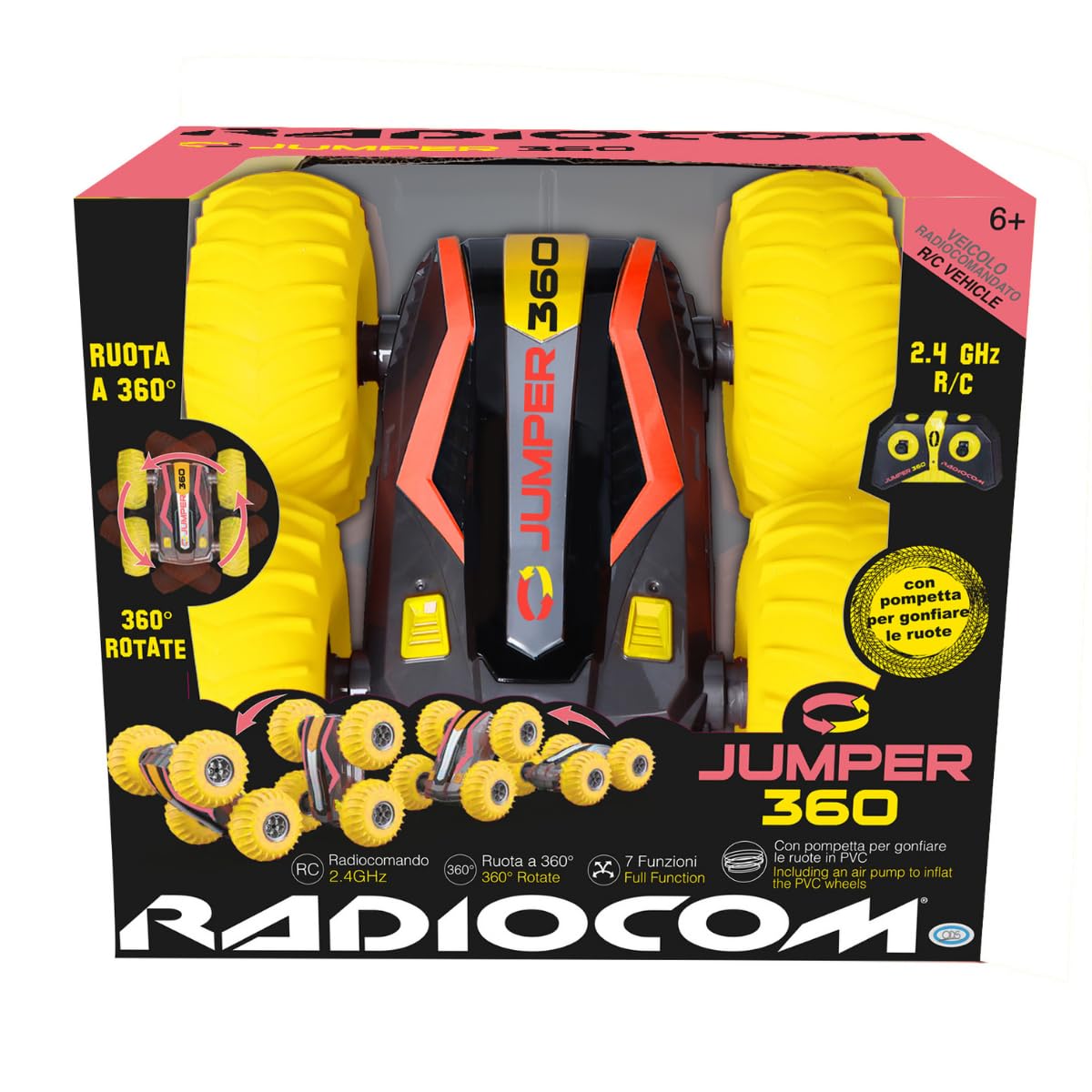 ODS - Radiocom Jumper 360, Macchina Radiocomandata Giocattolo Stile Stunt, 360° Di Evoluzione, Ruote in PVC, Radiocomando 2.4 Ghz, 7 Funzioni, Ricarica USB, Età +6 Anni
