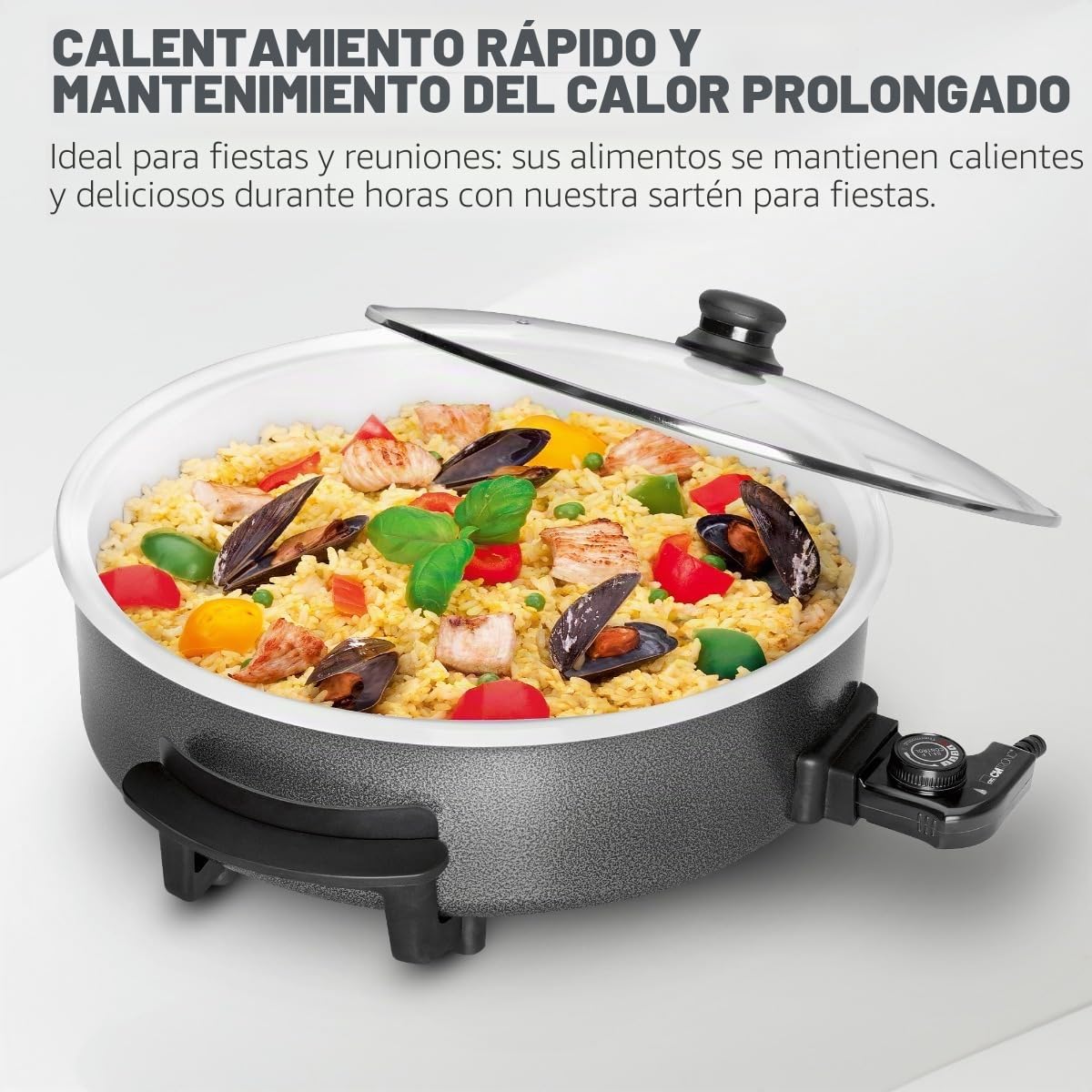 Clatronic PP 3570 C - Sartén eléctrica cerámica con tapa de cristal, diámetro 42 cm, 1500 W, color negro