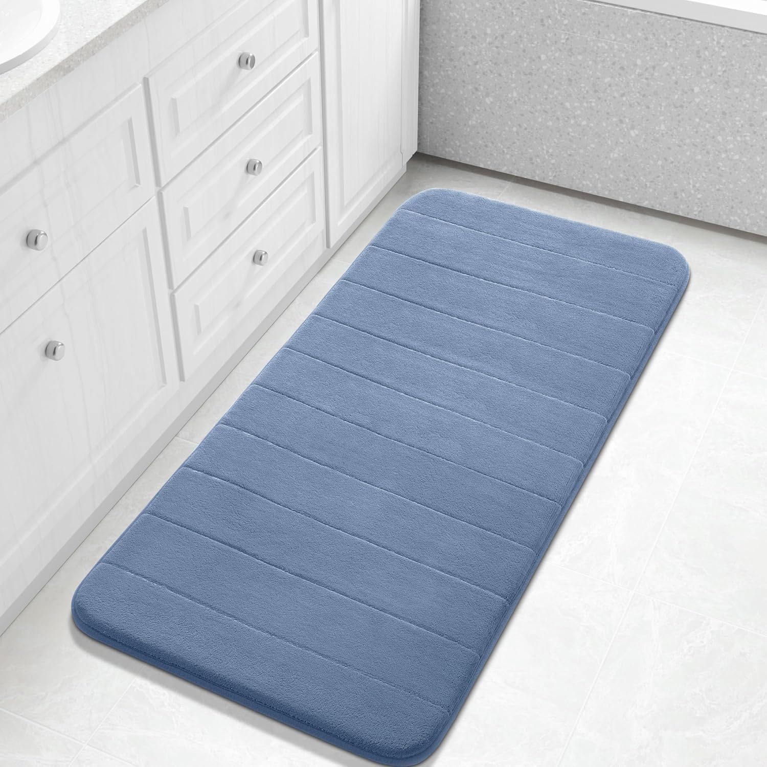 Yimobra Memory Foam Bath Mat 112 x 61 cm, Non Slip Bathroom Mat, Soft Absorbent Quick Dry Bath Rug, Machine Washable for Shower, Sink and Bathroom, Denim Blue