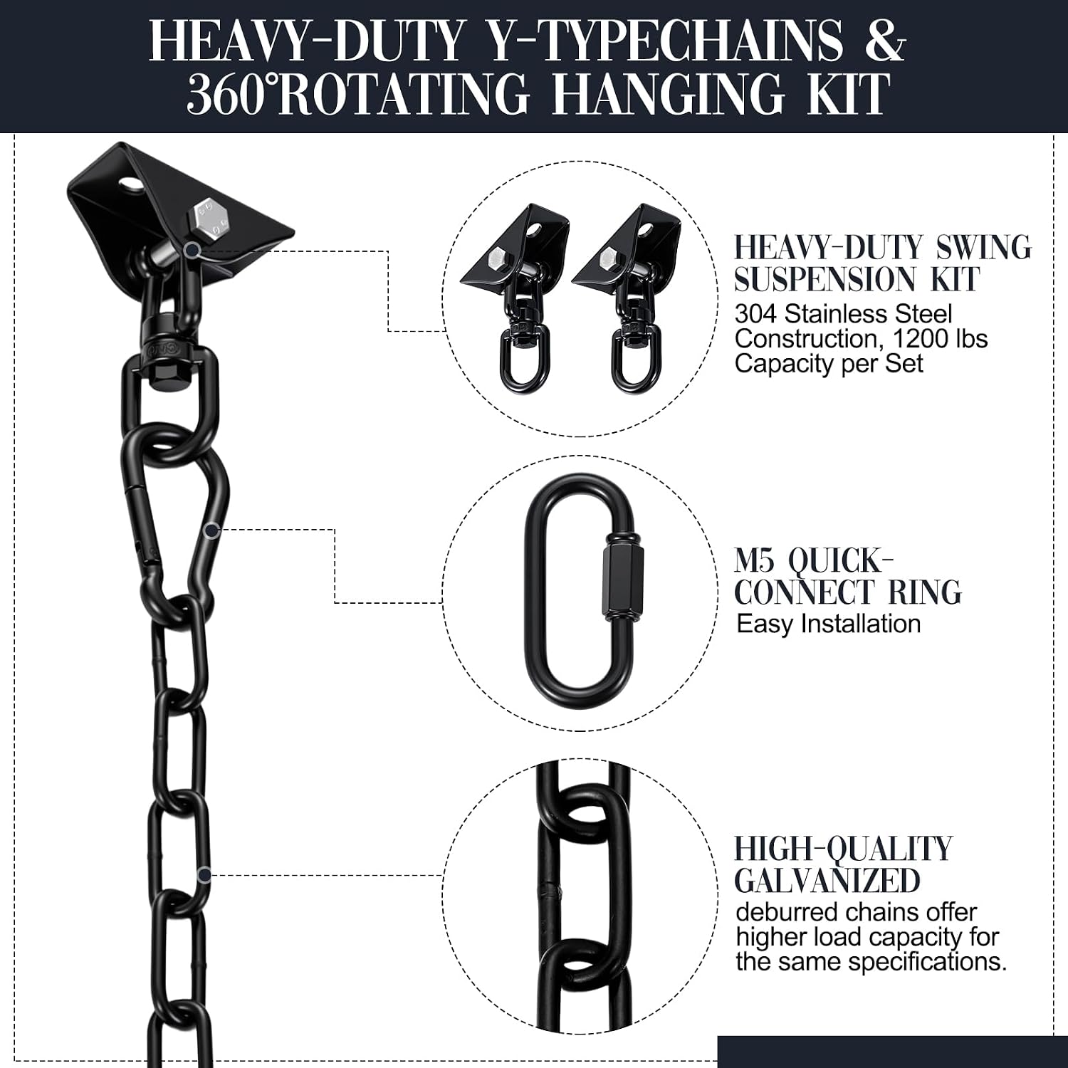 Heavy Duty Porch Swing Hanging Kit with Y-Chain & 360° Swivel Hangers 1500Lbs Capacity, Rustproof Zinc-Plated Chains 304 Stainless Steel Mount Hooks, Indoor/Outdoor Hammock Hardware (Black)