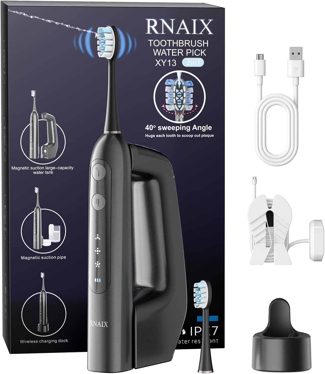 RANIX 2-in-1 Electric Toothbrush with Water Flosses, Sweeping Oscillates, Flossing Toothbrush for Adults, Cordless Water Flosser for Travel& Daily Use- Glossy Black