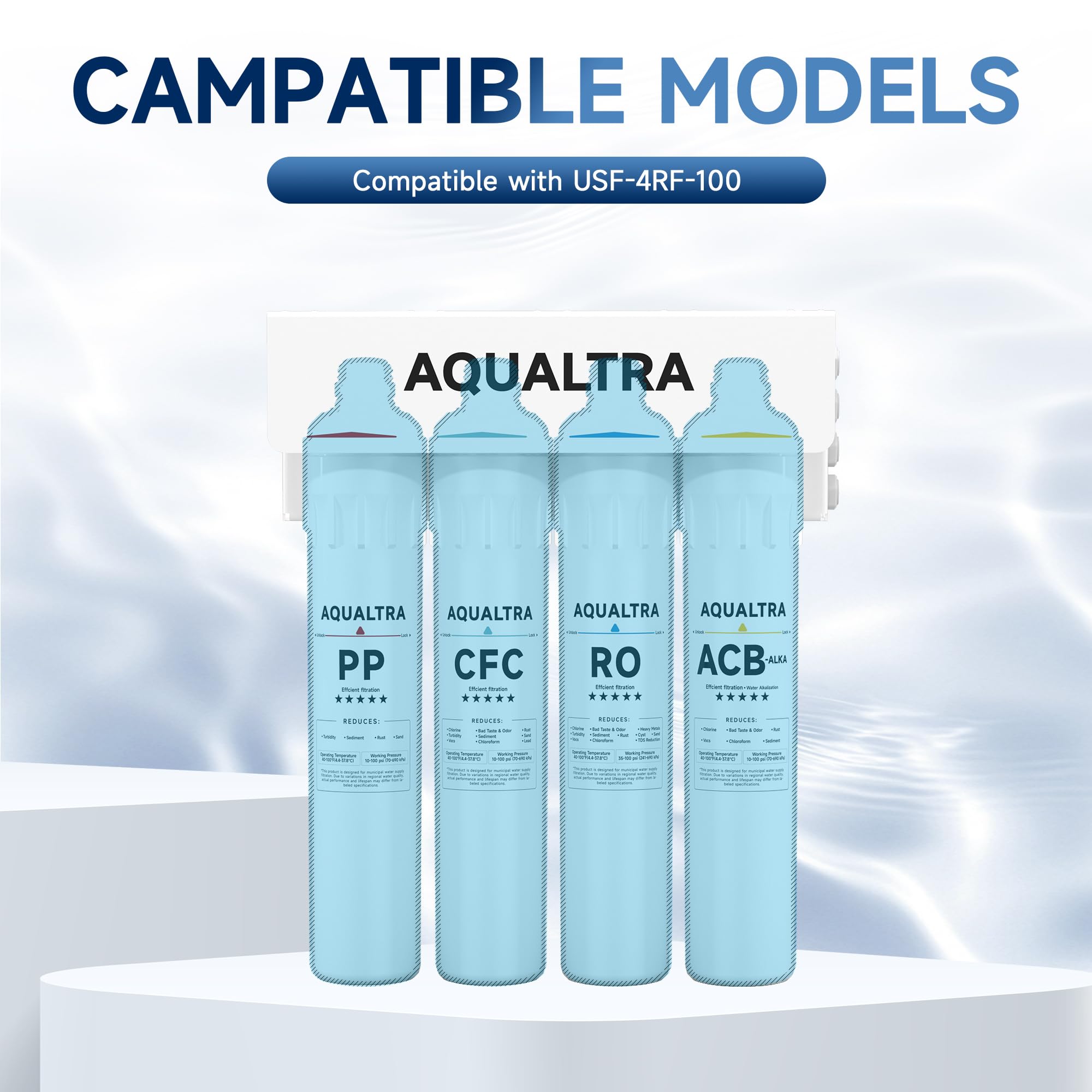 AQUALTRA Set da 8 filtri sostitutivi per sistema di osmosi inversa sottolavello USF-4RF-100, confezione da 8 filtri: 5 PP + 1 CFC + 1 RO + 1 ACB-ALKA