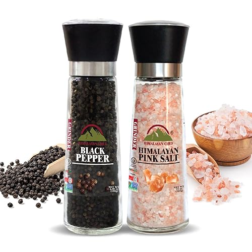 Himalayan Chef Juego de 2 molinillos de sal y pimienta rosadas molinillo de sal y pimienta ajustable de cerámica del Himalaya - Saleros de vidrio