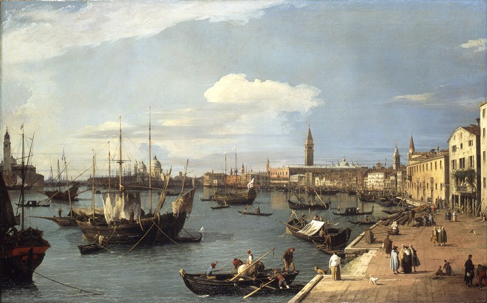 Lienzo de Canaletto en Venecia: pintura Riva Degli Schiavoni mediana con marco marrón mate