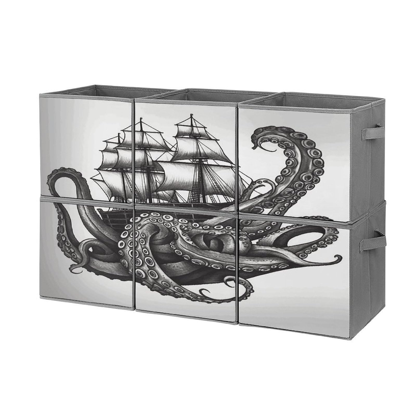 FodPand Black And White Octopus And Ship Storage Bins Cubes Fabric Cube Organizer Foldable Storage Boxes Large Storage Baskets Oxford Cloth Cube Bins for Home Clothes Closet Organizers 6 Pack