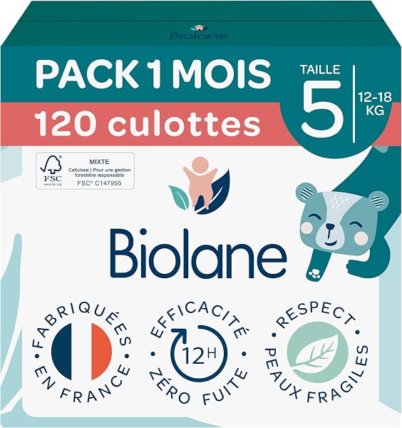 BIOLANE - Couches culottes - Taille 5 (12-18kg) - Zéro fuite pendant 12h - Pack 1 mois - 120 Couches Pants - Fabriquées en France - 1