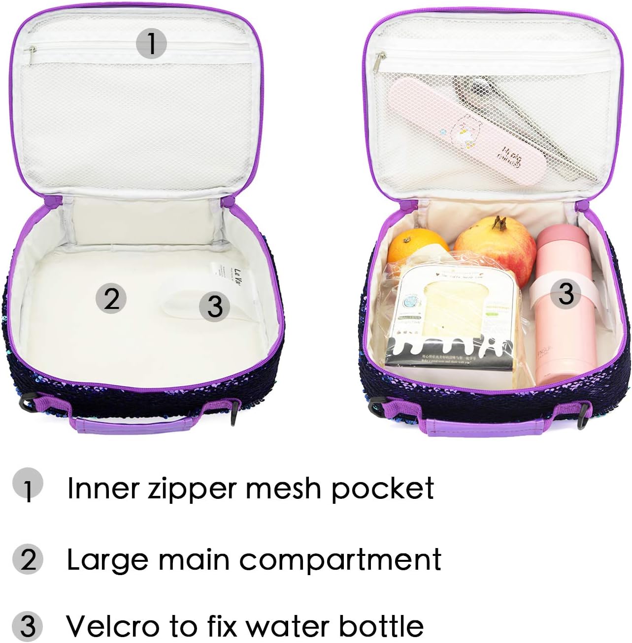 Le Vasty Sequin Lunch Box for Kids Durable Thermal Reusable Lunch Bag School Insulated Glitter Holographic Shiny Heart Lunch Tote(Purple)