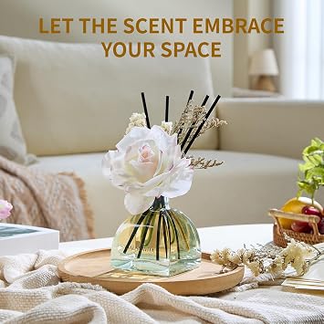 Reed Diffuser Set Jasmine Lily Scent 250ml for 140 Days | Flower Diffusers with 10 Sticks & Rose Flowers Decor, Home Fragrance Air Freshener Long Lasting for Bedroom Bathroom,Office
