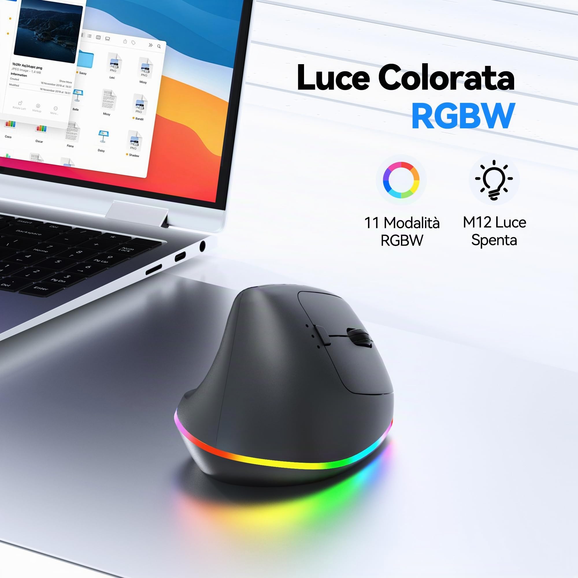 TECKNET Mouse Ergonomico Wireless, Mouse Verticale Ricaricabile, Mouse Bluetooth+ 2,4 GHz, Mouse Wireless Silenzioso, 4800 DPI Regolabili, 6 Pulsanti, RGB Chroma, Compatibile con PC/Windows/Mac