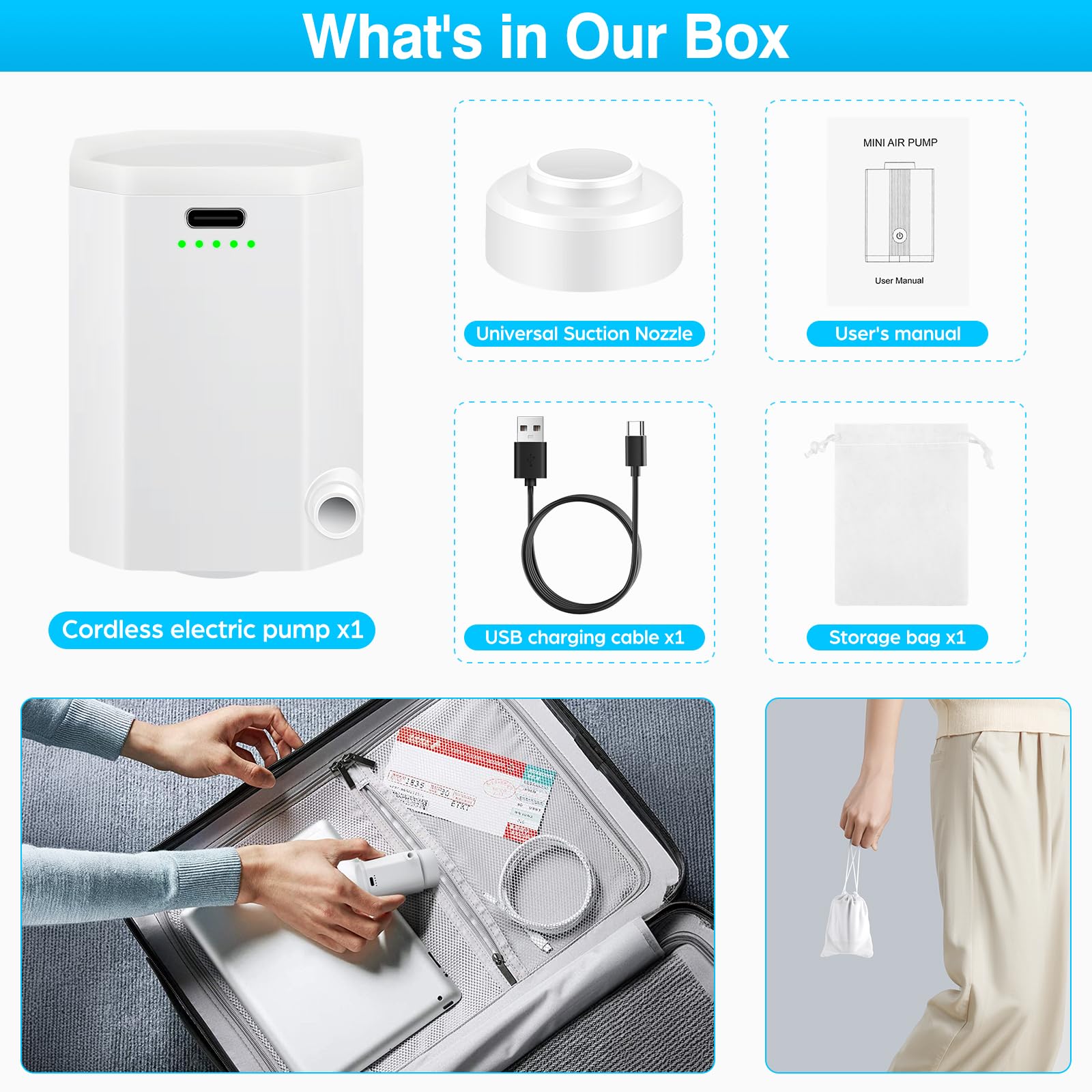 MONVANE Pompe Electrique sans Fil pour Sac sous Vide, Mini Pompe Rechargeable USB Type-C pour Voyage MONVANE Pompe Electrique sans Fil pour Sac sous Vide, Mini Pompe Rechargeable USB Type-C pour Voyage