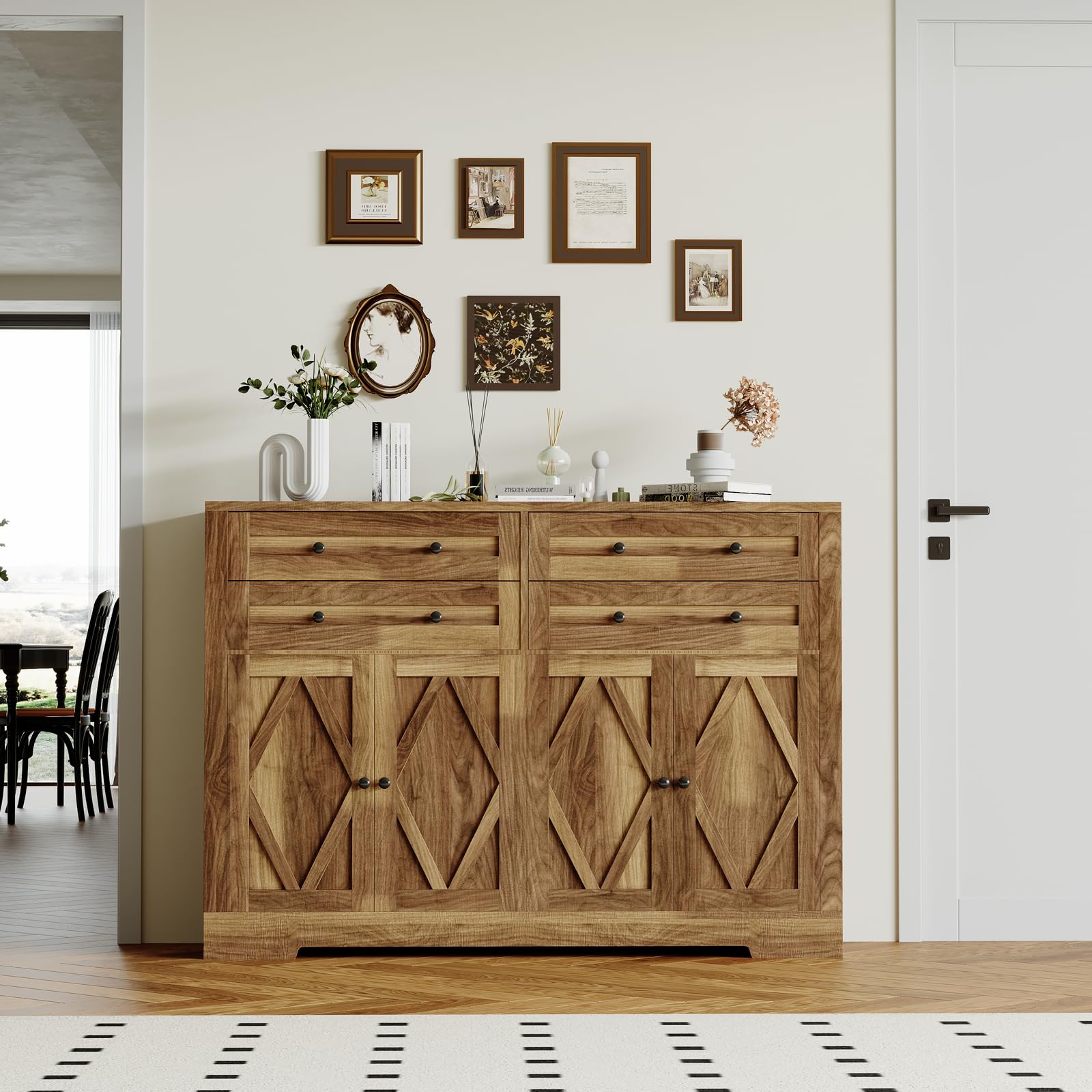 Photo 1 of [MISSING PARTS] Farmhouse 55 in Large Sideboard Buffet Cabinet with Storage, 4 Drawers and 4 Doors, Kitchen Storage Cabinet with Adjustable Shelf, Wood Coffee Bar for Living Room, Hallway,Dining Room Furniture Brown