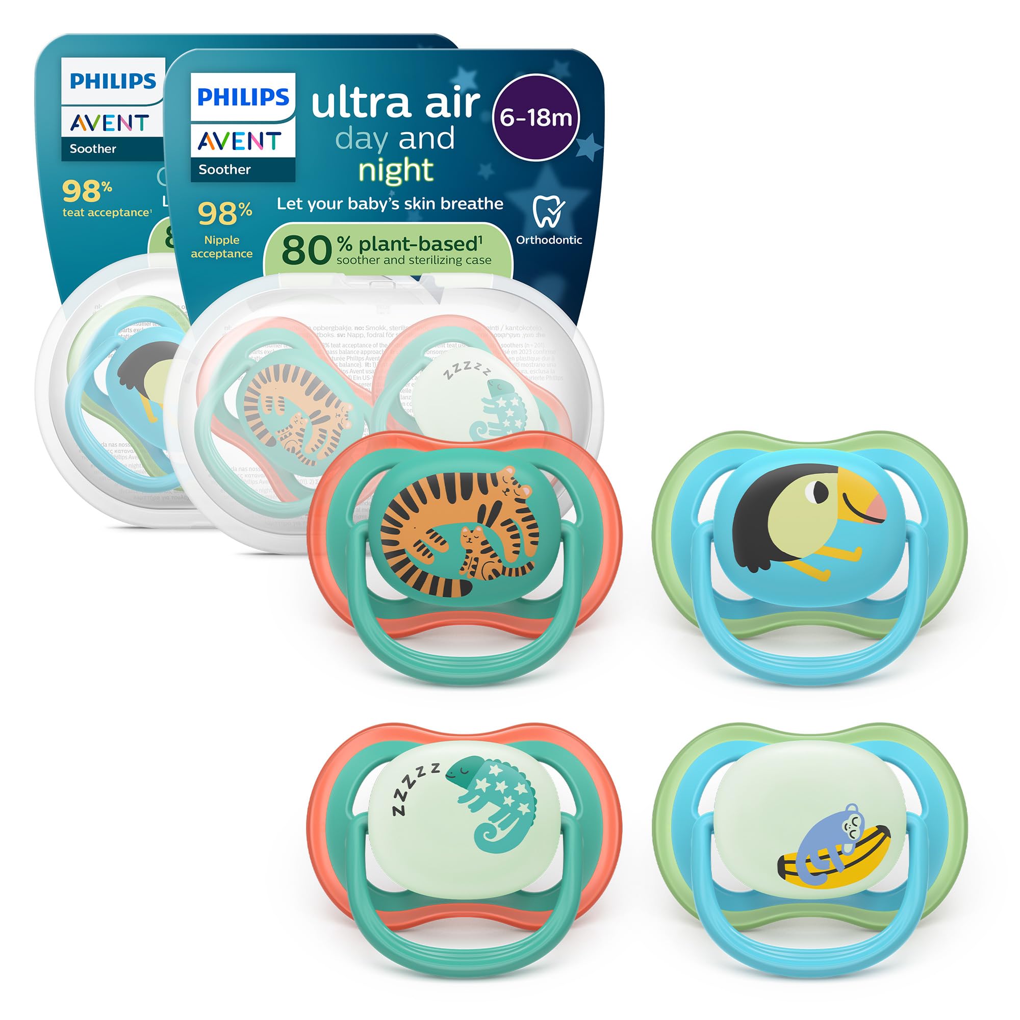 Philips Avent Ultra Air Day & Night Ciuccio - Design ortodontico, per neonati 6-18 mesi, modello fluorescente, tettarella simmetrica in morbido silicone, senza BPA, confezione da 4, SCF087/27