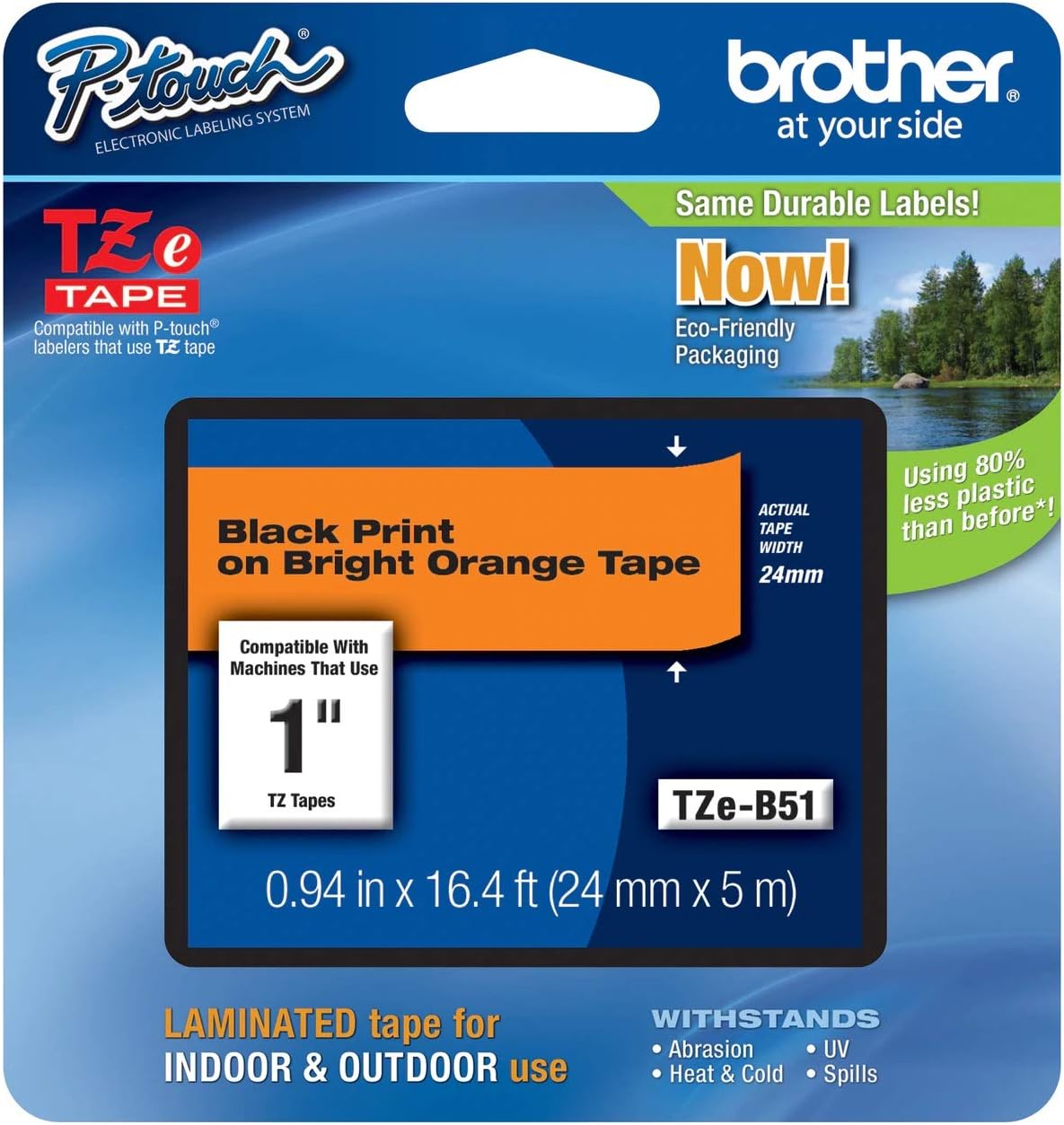 Brother Genuine P-Touch TZE-B51 Tape, 1" (0.94") Wide Standard Laminated Tape, Black on Fluorescent Orange, Laminated for Indoor or Outdoor Use, Water-Resistant, 0.94" x 16.4' (24mm x 5M), TZEB51