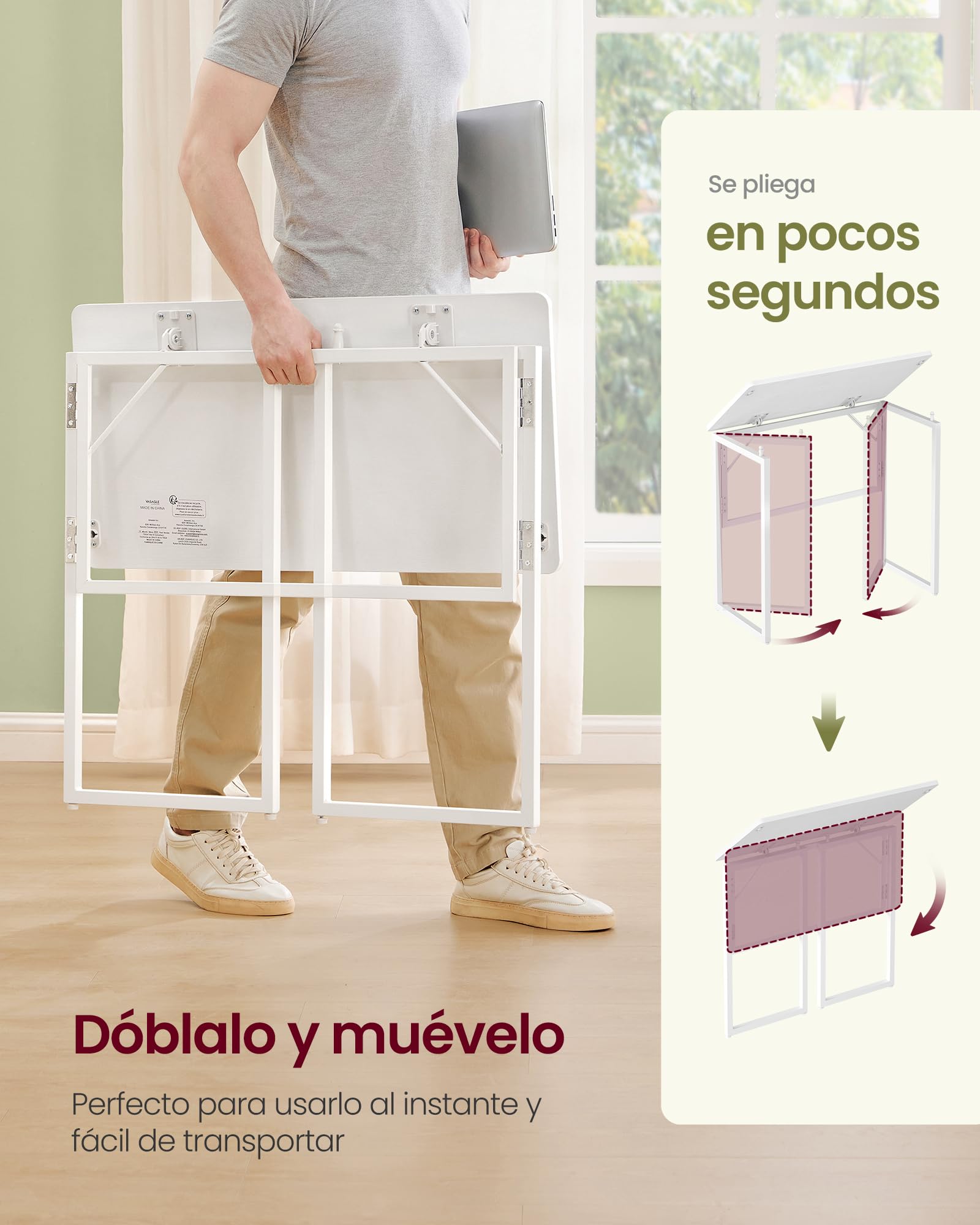 VASAGLE Mesa Plegable, Escritorio Plegable, Tablero de una Pieza, Bordes Redondeados, para Dormitorio, Balcón o Camping, Fácil Montaje, 80 x 40 cm, Blanco Arce LWD151WF01 — view 5
