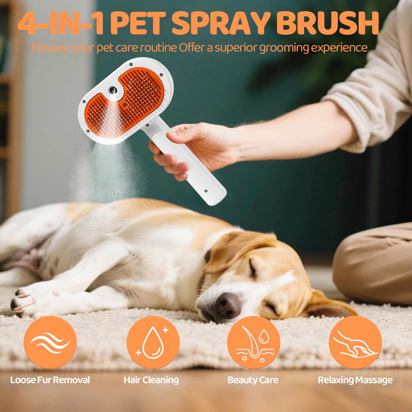 Furgo Cat & Dog Steam Brush for Shedding, Deshedding Brush for Long Haired Cats and Indoor Pets, 3-in-1 Grooming Tool with Steam, Efficient Pet Hair Removal, Gentle on Skin(Orange)