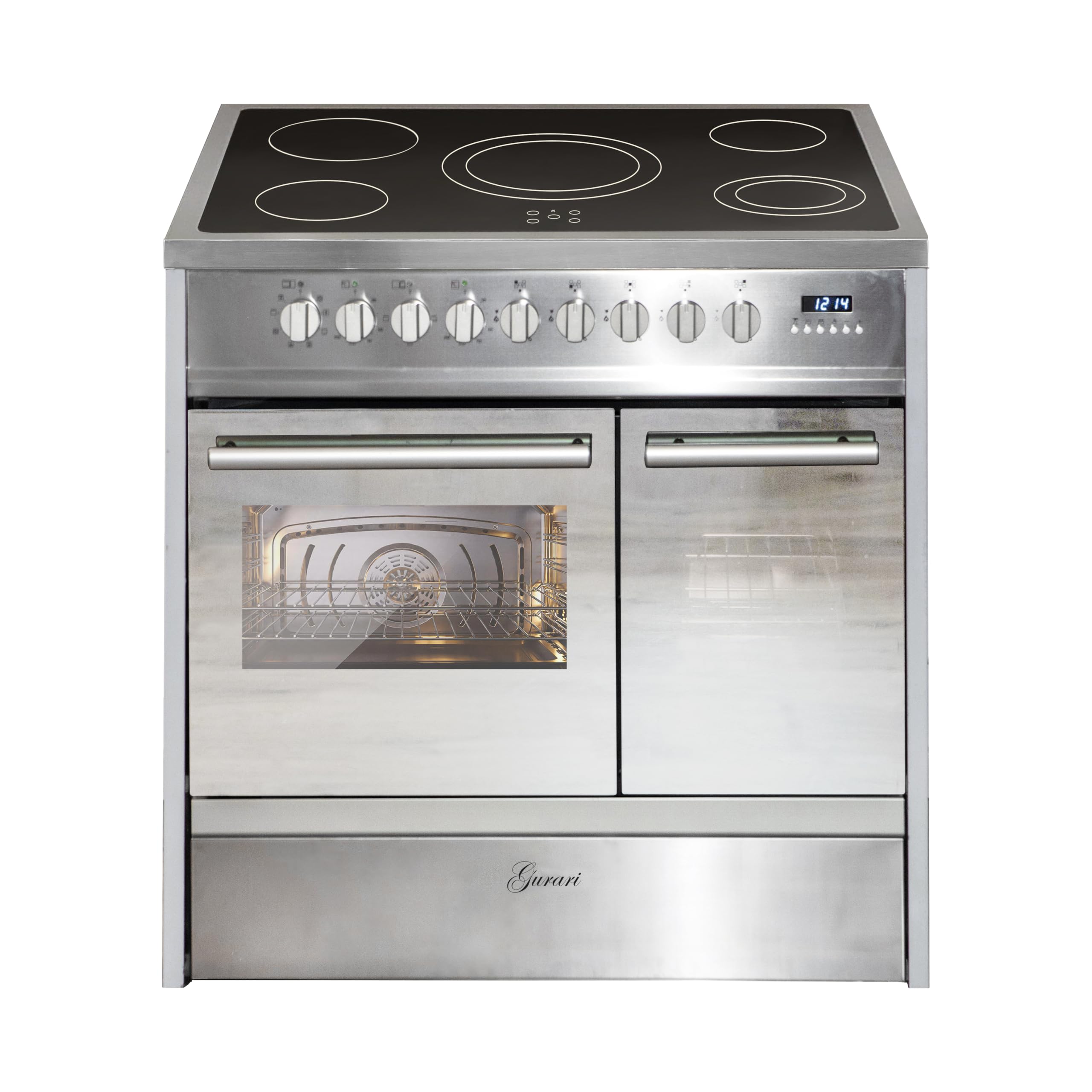GURARI Cucina Elettrica GCH E 912 DF X Cucina 90 cm a Libera Installazione in Acciaio Inox con Doppio Forno e Piano Cottura in Vetroceramica a 5 Zone Hi-Light, Classe Energetica A, Design - Moderno