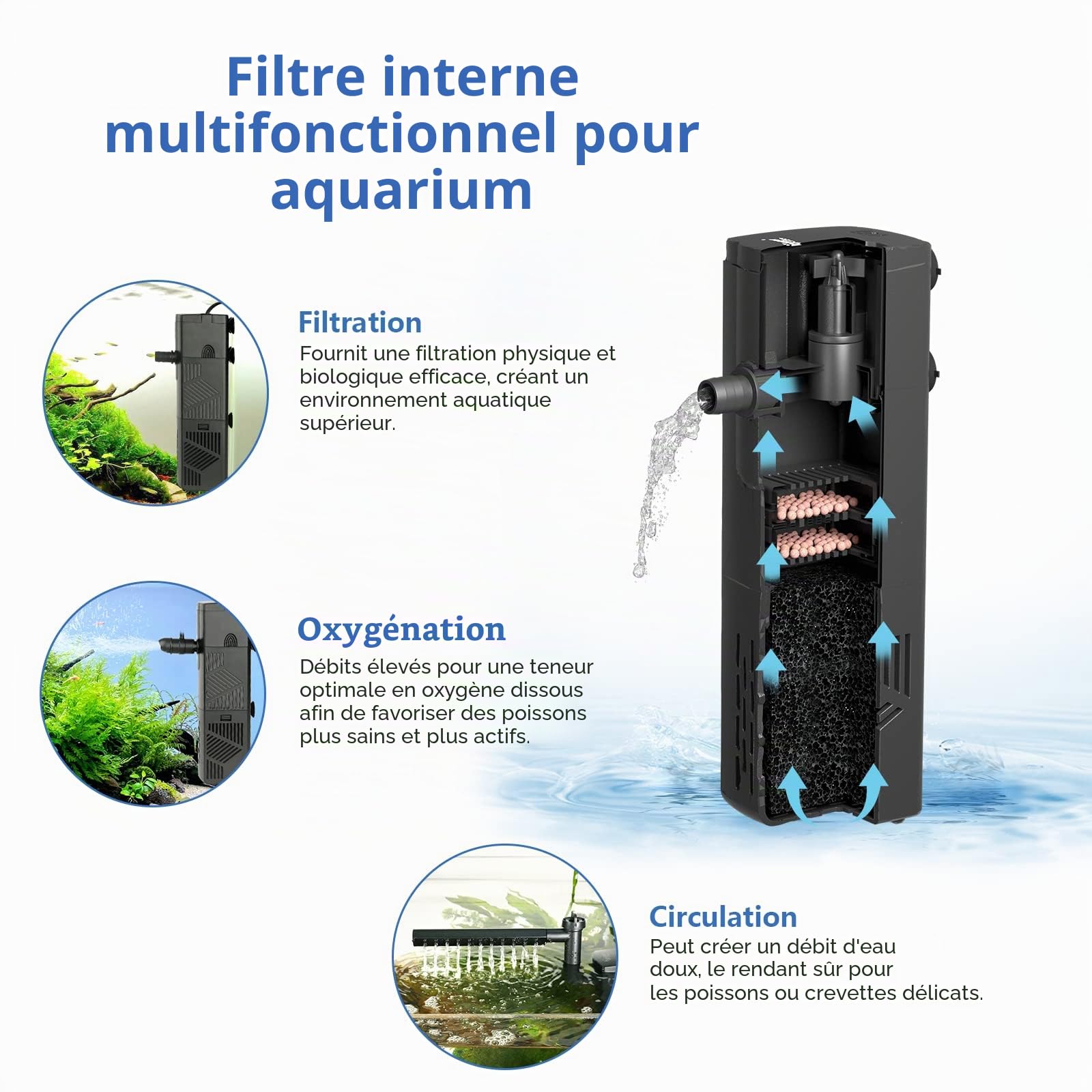 hygger Filtre Interieur Aquarium,600L/H Filtre Interieur Débit d'eau Réglable Submersible avec,10W Faible Débit d'eau Filtre d'aquarium pour Aquarium Jusqu'à Tortue, Postuler à 60-120L