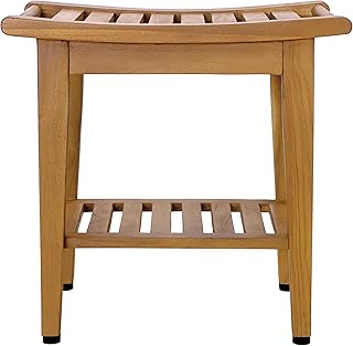 Kasa Solid Teak Indoor Outdoor Shower/Bath/Spa Stool Bench with Bottom Shelf, Fully Assembled, DB-916