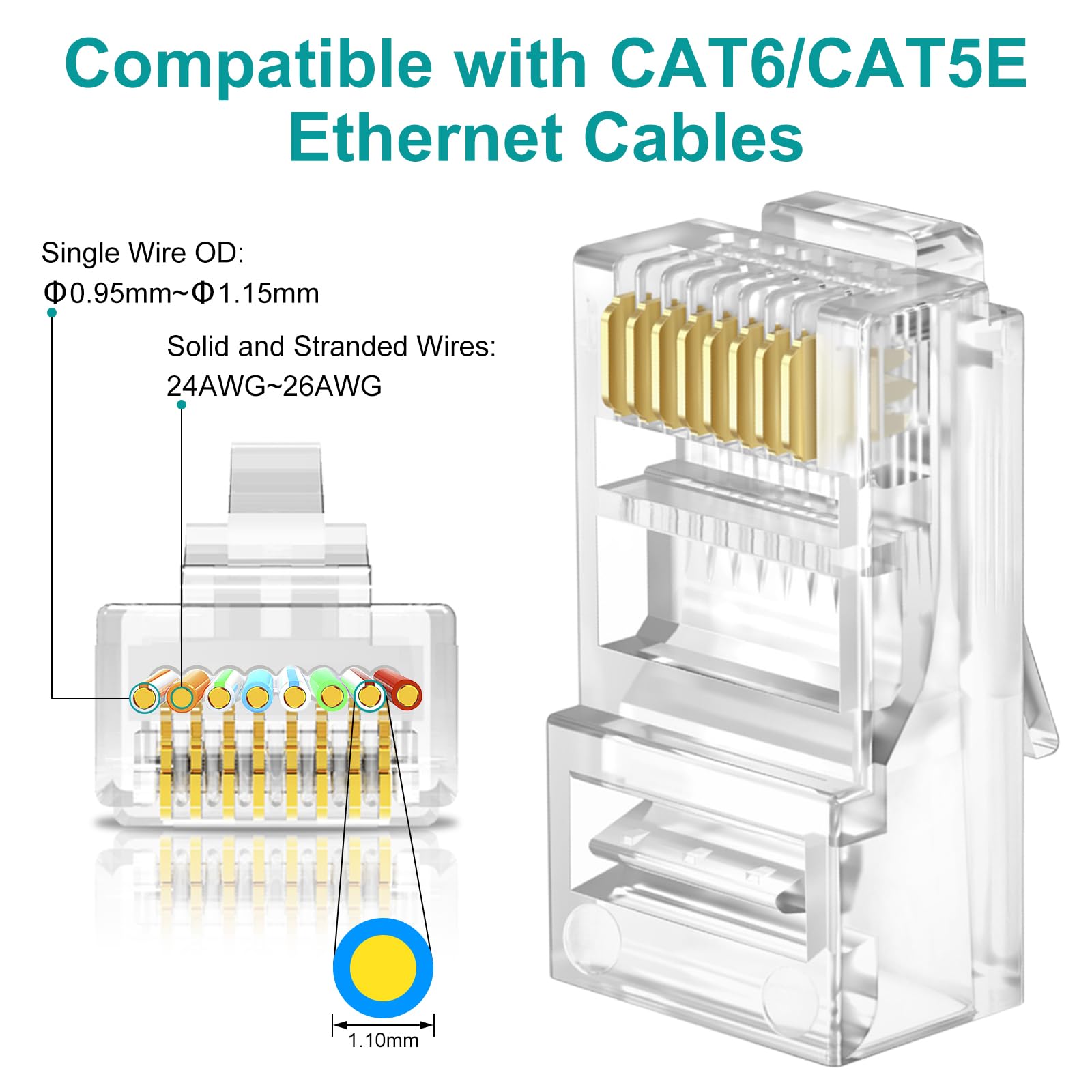Brileine Lot de 100 connecteurs RJ45 Cat 6 avec cache RJ45, simplifiez les terminaisons avec extrémités Ethernet, extrémités Cat6, connecteurs RJ45, connecteurs Cat 6, prises RJ45 pour câbles Cat6