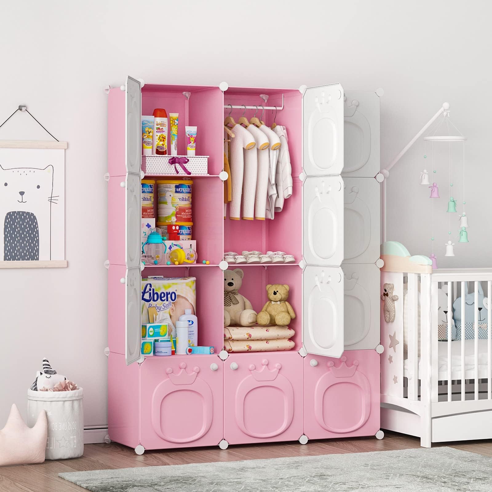 Kids Wardrobe Closet,Baby Closet Cabinet with Door.Baby Girls Armoires Organizer for Bedroom.Two Open Hanging Children Costume Area and 8 Cube Stroage.Pink(42x14x56inch)