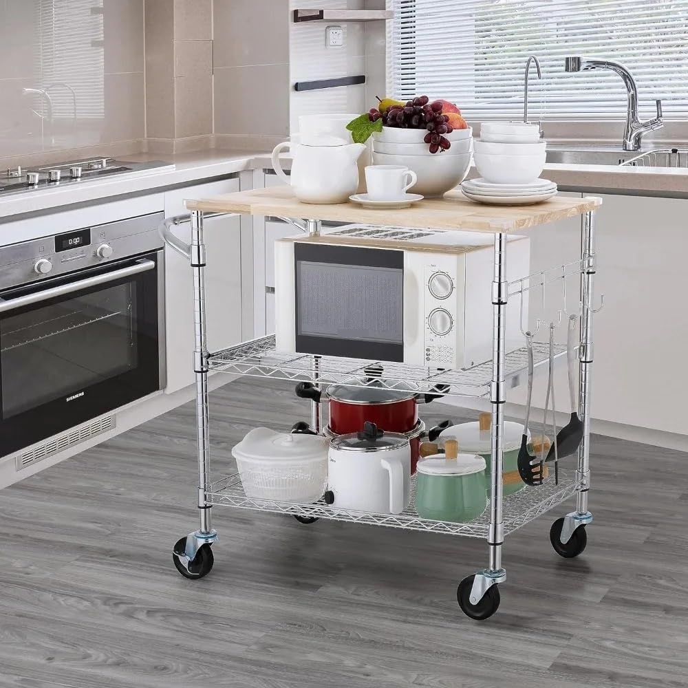 Storage Trolley 3-Tier Rolling Kitchen Cart with Oak Wood Tabletop, Island, Microwave & Coffee with Hooks for Dining Room Shelving Organizer