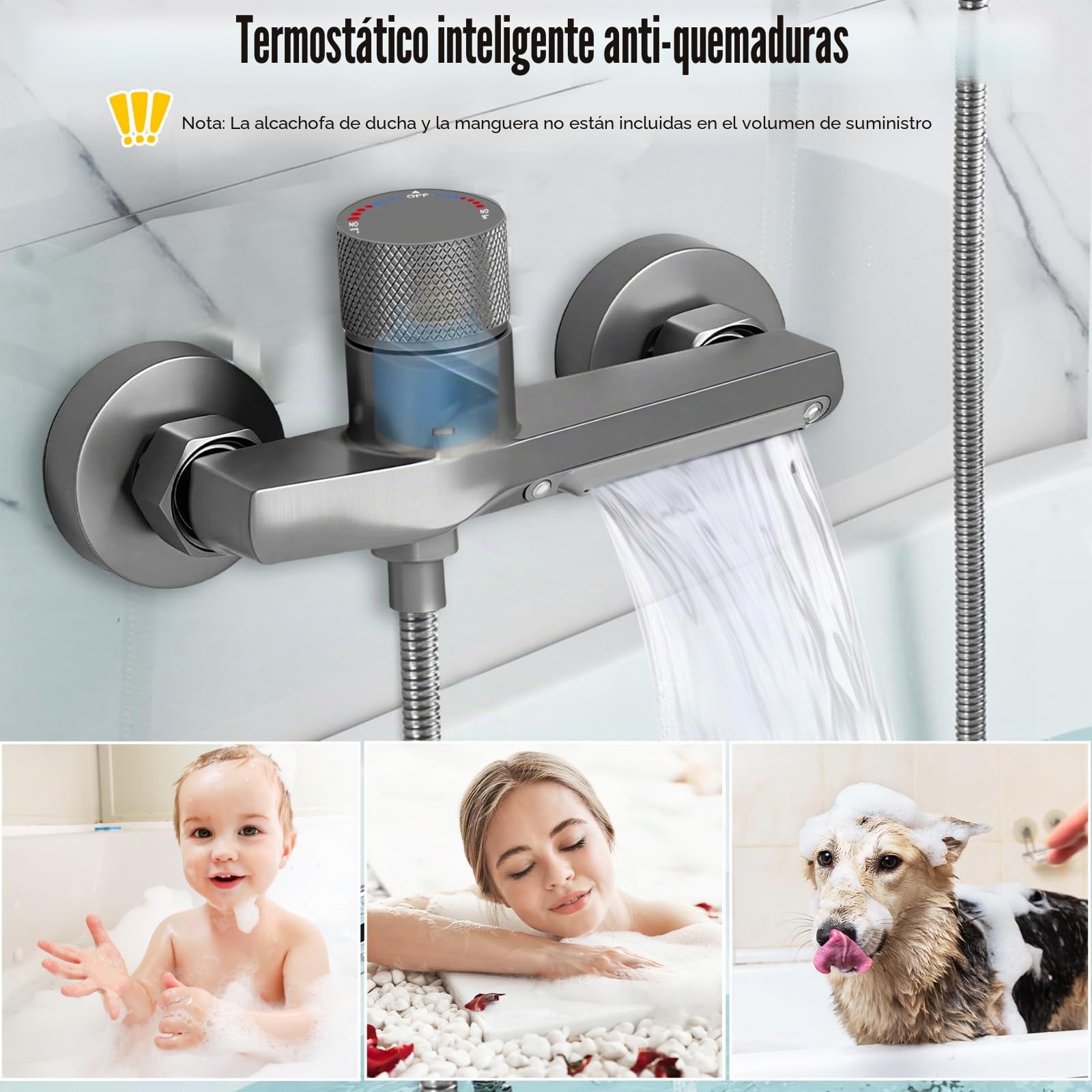 Grifos Ducha, Grifo Ducha Termostatico grifo mezclador para bañera, mezclador monomando para baño, Latón Puro de 2 Salidas, Grifo Monomando Ducha Baño de Pared Grifería de Bañera de Pared