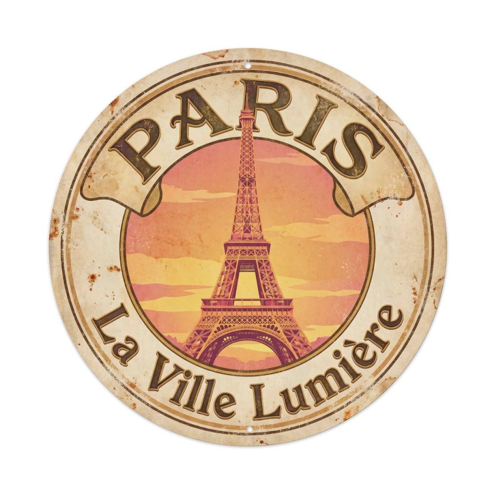 Vintage Travel Parisian Eiffel Landmark 1 Metal Tin Sign Plaque Wall Decor for Cafe, Club Bar, Office, Home Garden Round Metal Poster 8x8Inch