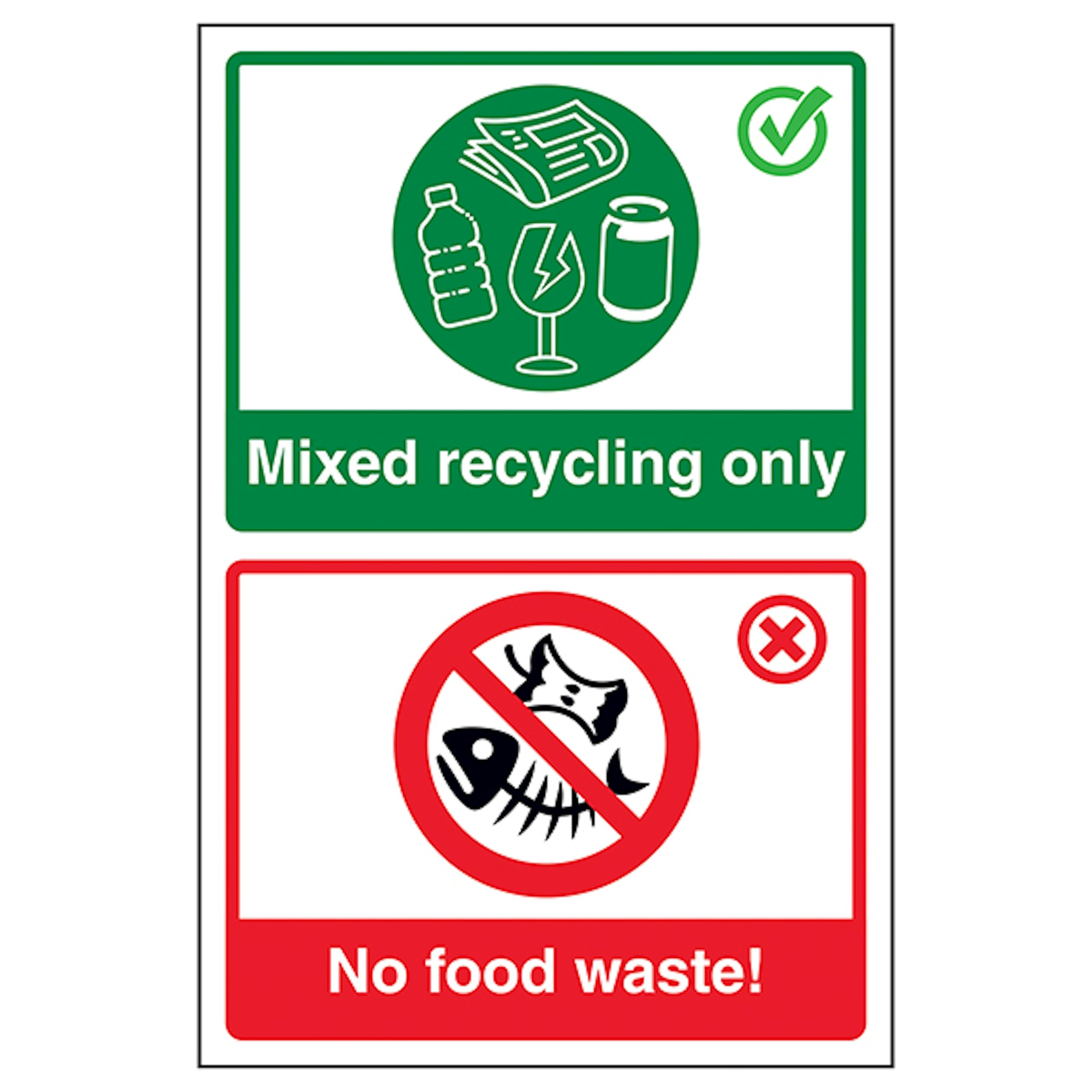 V Safety Mixed Recycling Only/No Food Waste! 300 x 400mm - 3mm Aluminium Composite Safety Sign