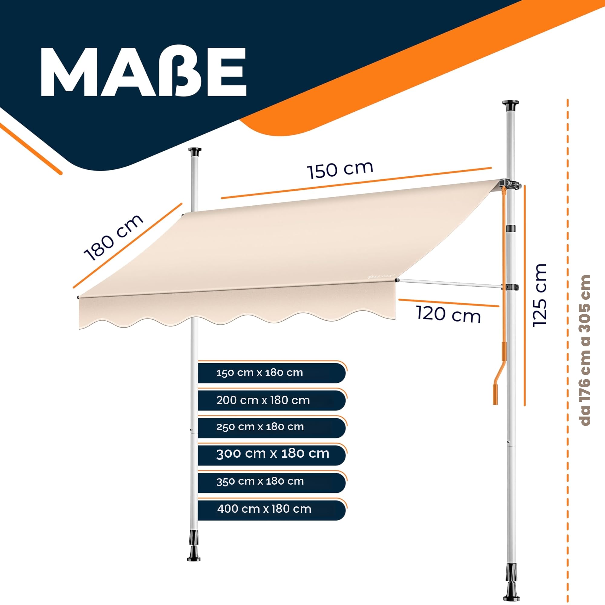 KESSER® Tenda da Sole a Morsetto con Manovella per Balcone, Regolabile in Altezza, Idrorepellente, Protezione Solare, Beige, 350cm