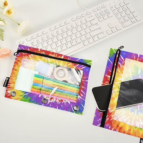 Miniatura 4 de Carpeta de teñido anudado morado y amarillo con bolsillo para lápices, sobres de polietileno, carpetas de documentos transparentes con cremallera