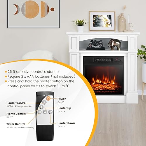 Miniatura 7 de Tangkula Chimenea eléctrica, caja de fuego envolvente de madera independiente con calentador de chimenea de 1400 W, control remoto, termostato,