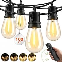 BYGUQ 100FT LED Outdoor String Lights - Waterproof Dimmable Patio Porch Lights with Remote, Shatterproof S14 Bulbs for Gazebo Backyard Pergola