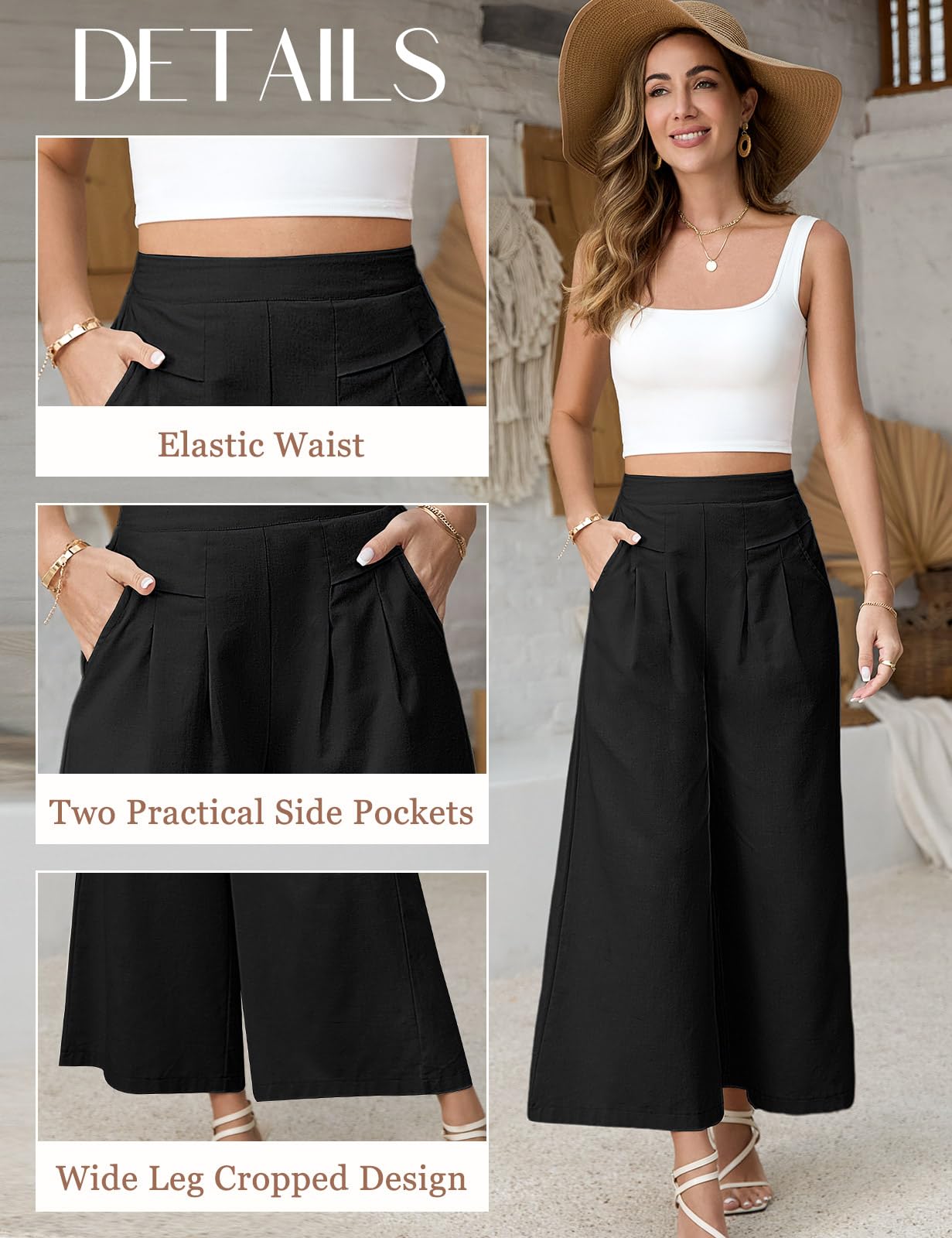 PASUDA Pantaloni Donna Pantaloni in Lino Estivi 7/8 Pantalone Gamba Larga Leggeri Larghi Pantaloni Elastici in Vita con Tasche Tinta Unita Casual Pantaloni Donna Comodi