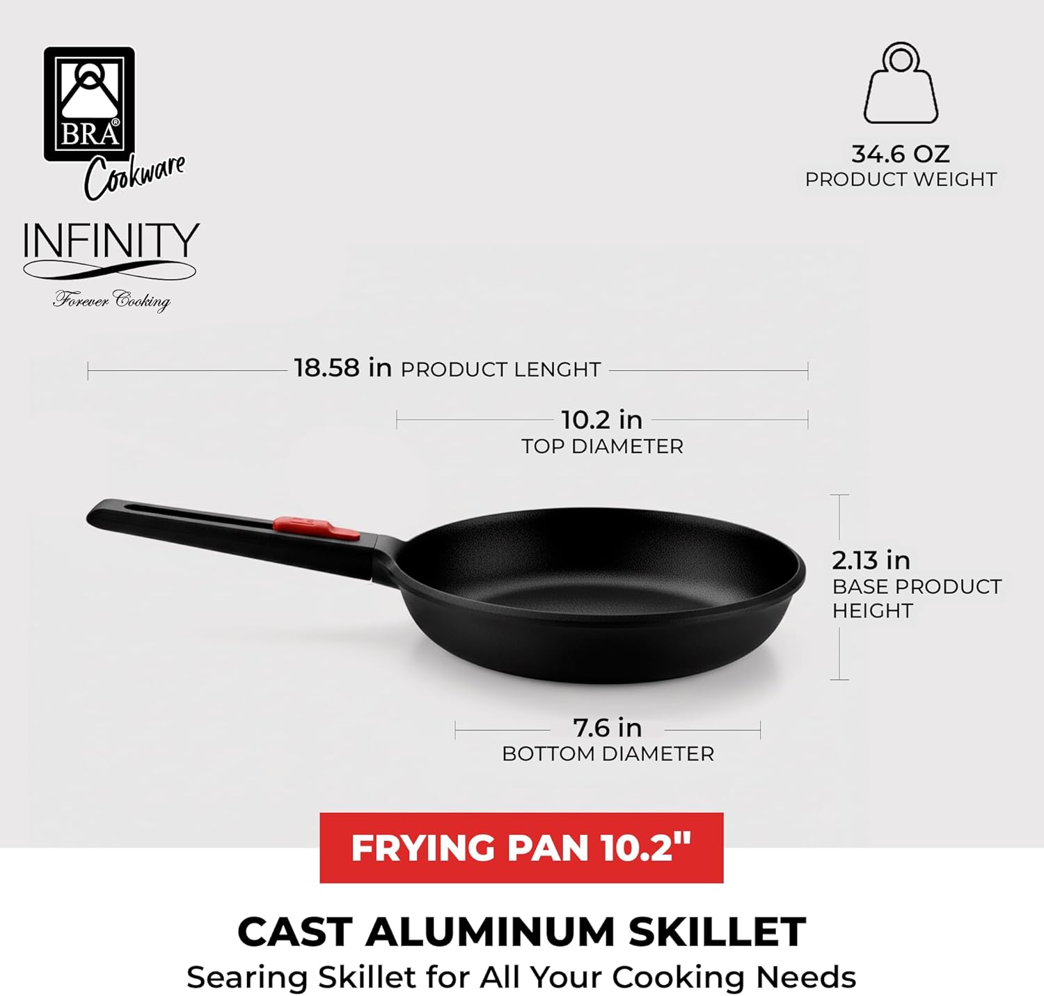 BRA COOKWARE Infinity Nonstick Frying Pan | 10.2-Inch Cast Aluminum Skillet | PFOA/PFAS Free Fry Pan | All Cooktops (incl Induction) Searing Skillet | Oven Safe up to 425°F (w/o Removable Handle)