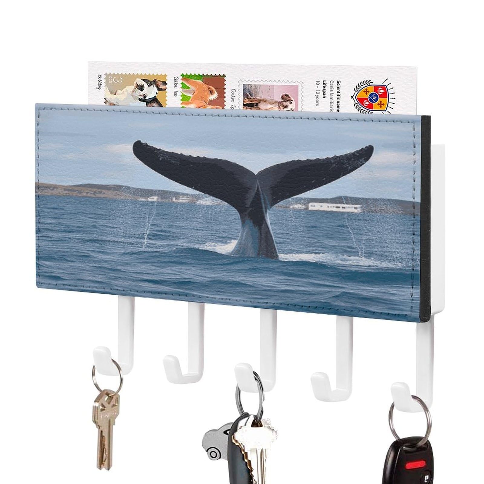 LDGSUPH Whale Tail Key Holder Wall Mount Key Hanger with 5 Hooks Fashion Key Organizer Rack Hanging Key Hooks with Mail Organizer Key Rack for Home Entryway Hallway White-Style