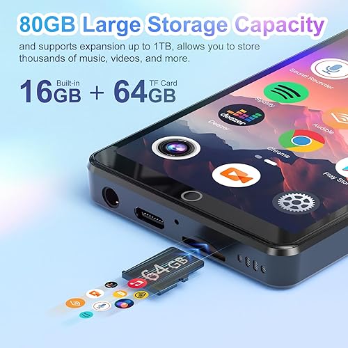 Miniatura 4 de Reproductor MP3 de 80 GB con Bluetooth y WiFi, pantalla táctil de 4.02 pulgadas con cámara, reproductor MP3 Android con Spotify, Deezer, Audible,