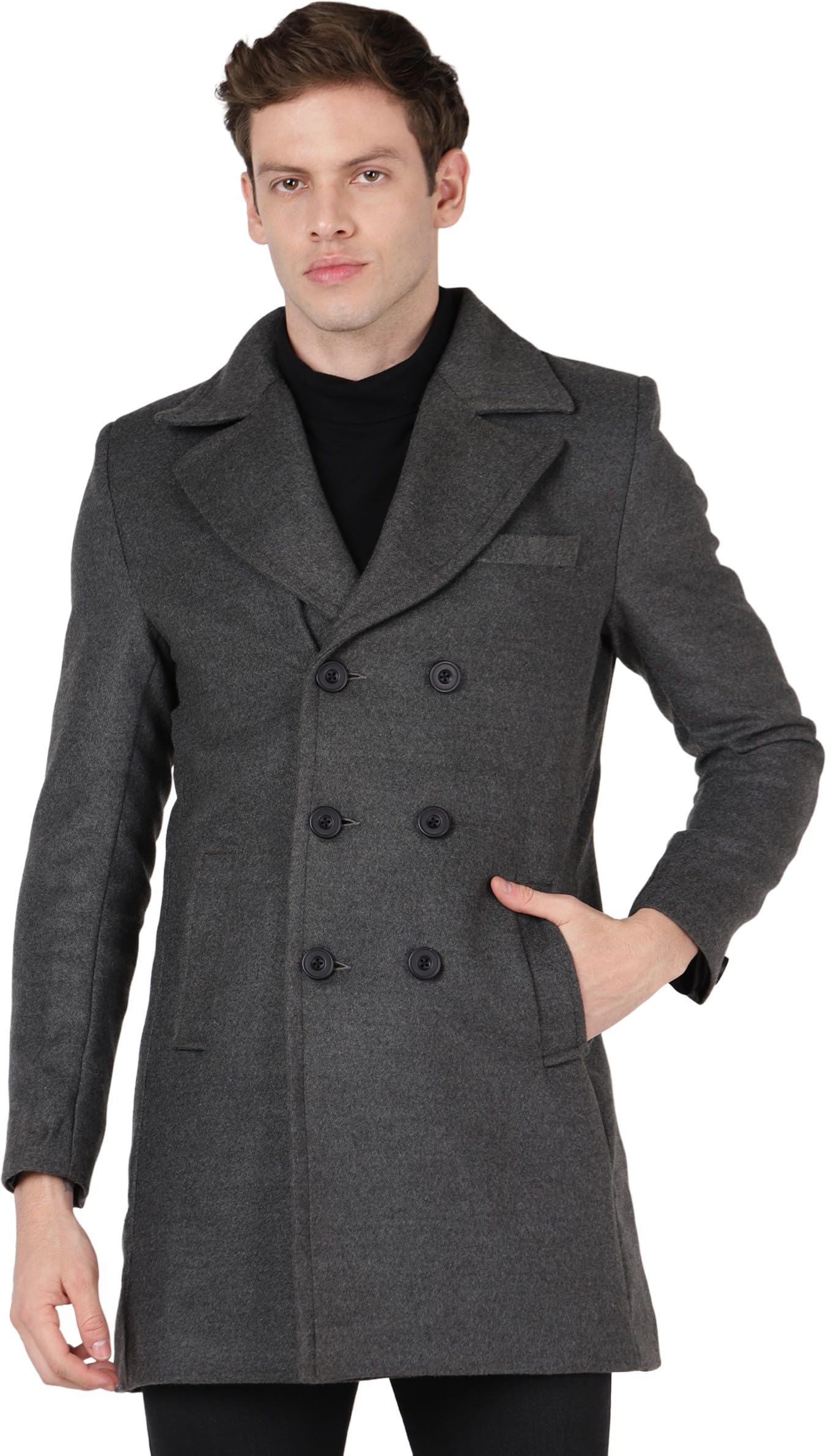 essentiele Men's Charcoal Grey Trench Coat Regular Fit Notch Lapel Single Breasted Top Coat Winter Warm Woolen Tweed Business Semi Long Jacket Overcoat-picture-51