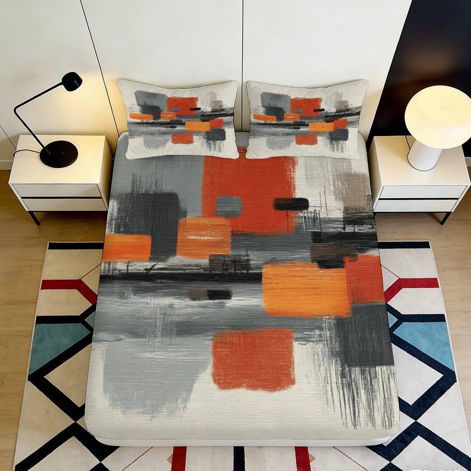 Pnayamiorkfel Style-5 3D Printed Abstract Geometric Fitted Sheet Microfiber Orange Grey Blocks Mattress Cover For Bedroom Guest Room Decor 90X200x25cm