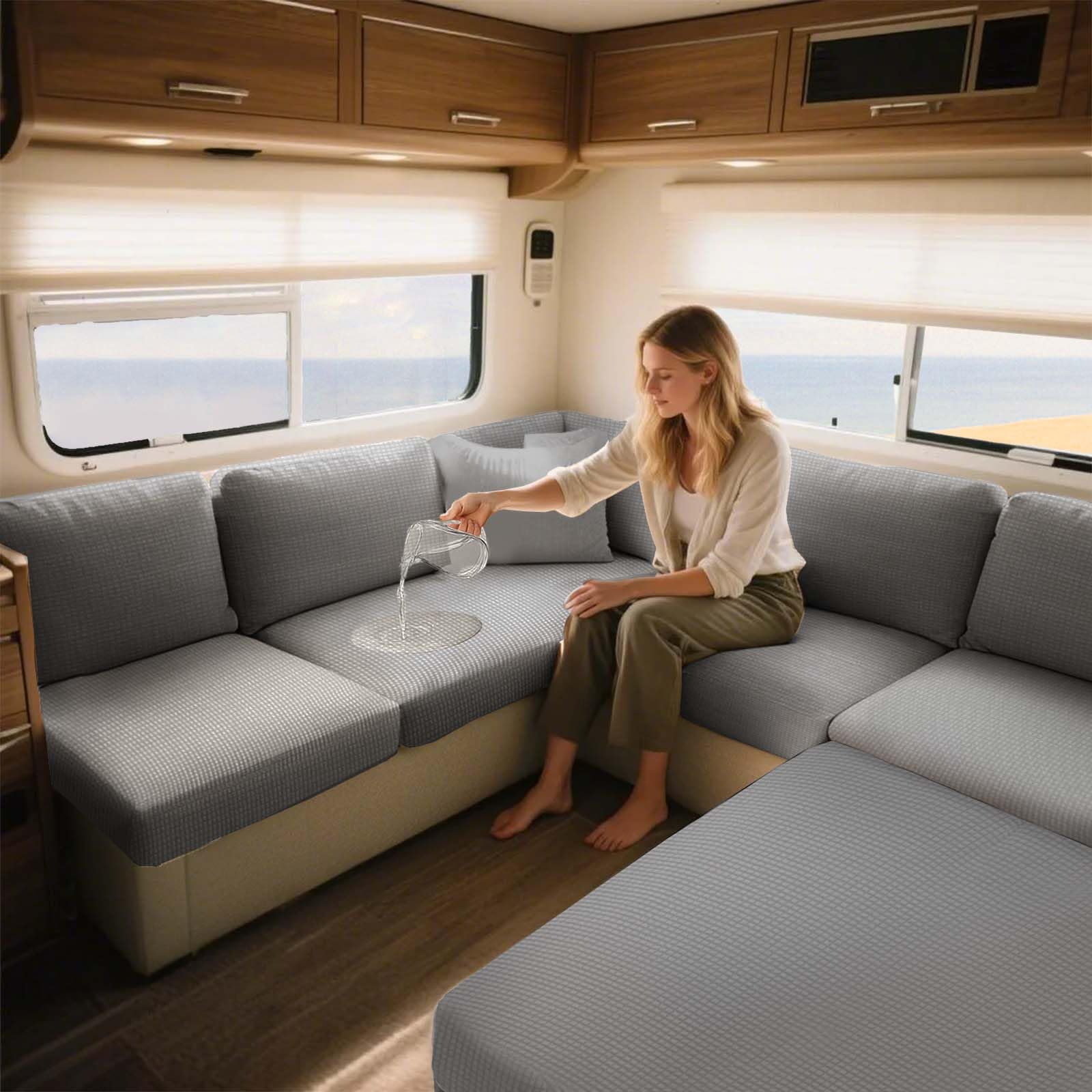 ZXLVCU Caravan Seat Cover Stretch, Pet Friendly Waterproof RV Sofa Cushion Covers, with 2 Straps, for Camper Bench Cushion, Corner Sofa (Dark Grey,W:130-150,D:65-95cm)