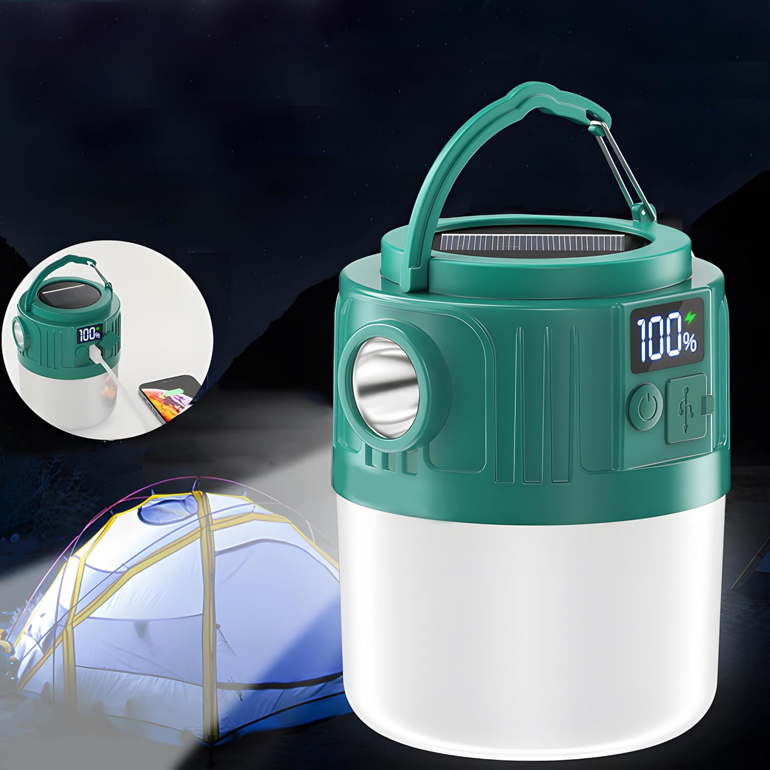 1200-3600mAH Lantern LED Solar Lamp, 5 Modes Rechargeable Tent Camping Light, Remote Control Waterproof Outdoor Portable Lantern Torch for Hiking, Camping, Home, Patio, Yard, Gazebo (Green 2400mAH)
