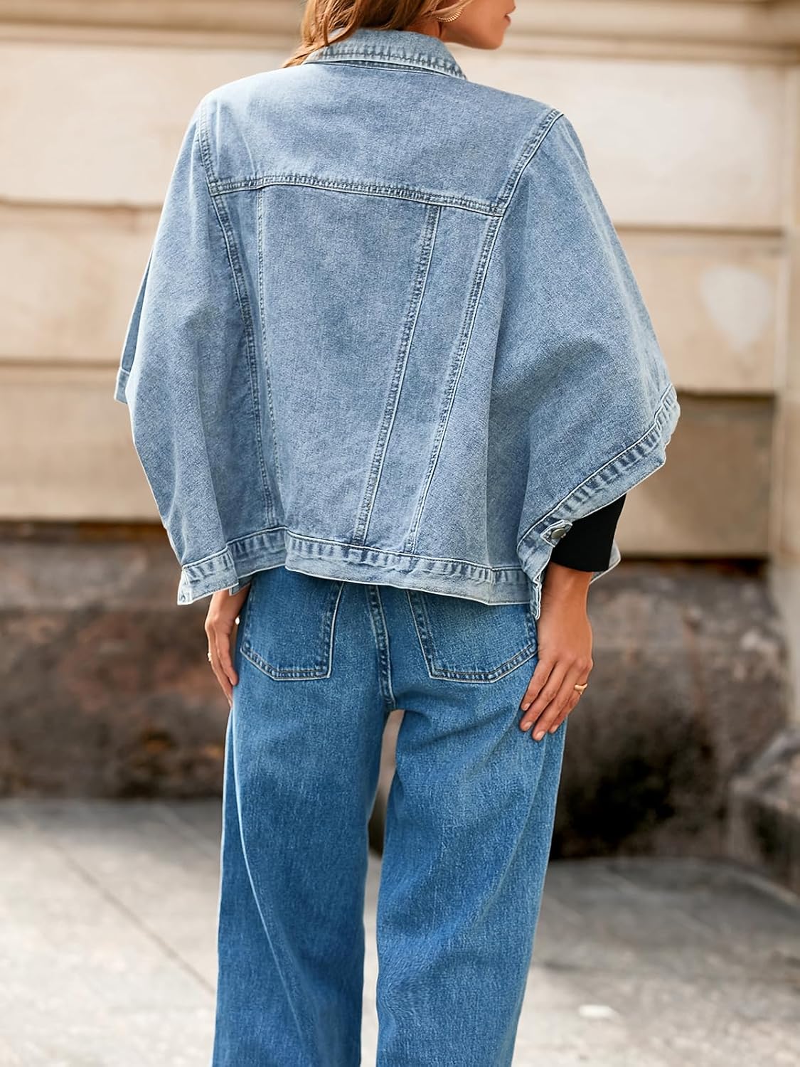 Tankaneo Womens Jean Jacket Oversized Cropped Short Sleeve Cotton Denim Jacket Fall Trendy Cape Outerwear with Pockets - Image 3