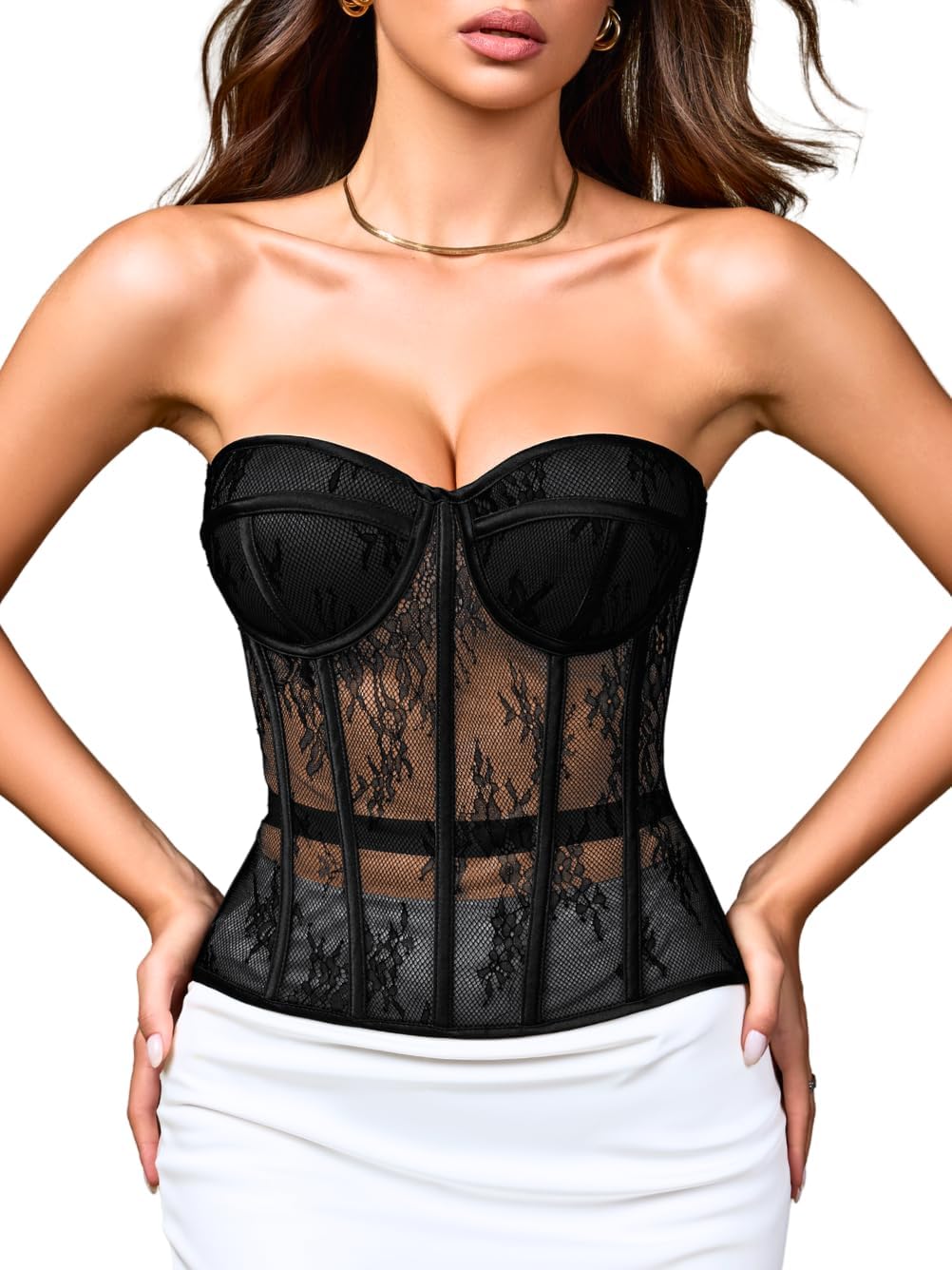 ChiaoLezhee Sexy Lace Corset, Sheer Mesh Push-Up Underwire Bustier Shapewear, Party Outfits for Women 00-18