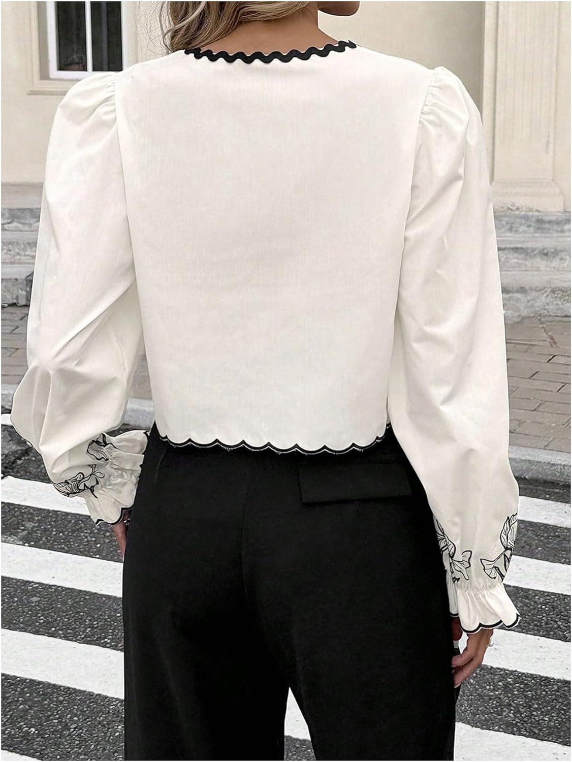 Floerns Women's Floral Embroidery Tie Front Crop Tops V Neck Scallop Trim Blouse Shirts - Image 3