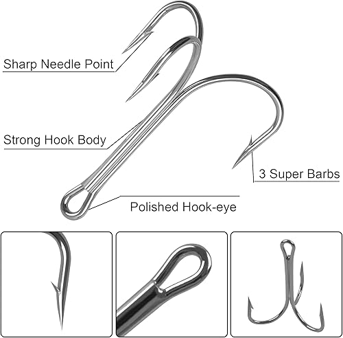 Miniatura 4 de 15 ganchos de pesca clásicos de agudos de gran tamaño, color plateado, con triple púa, fuerte y afilado, para agua salada, tamaño 40 60 70 80 90 100