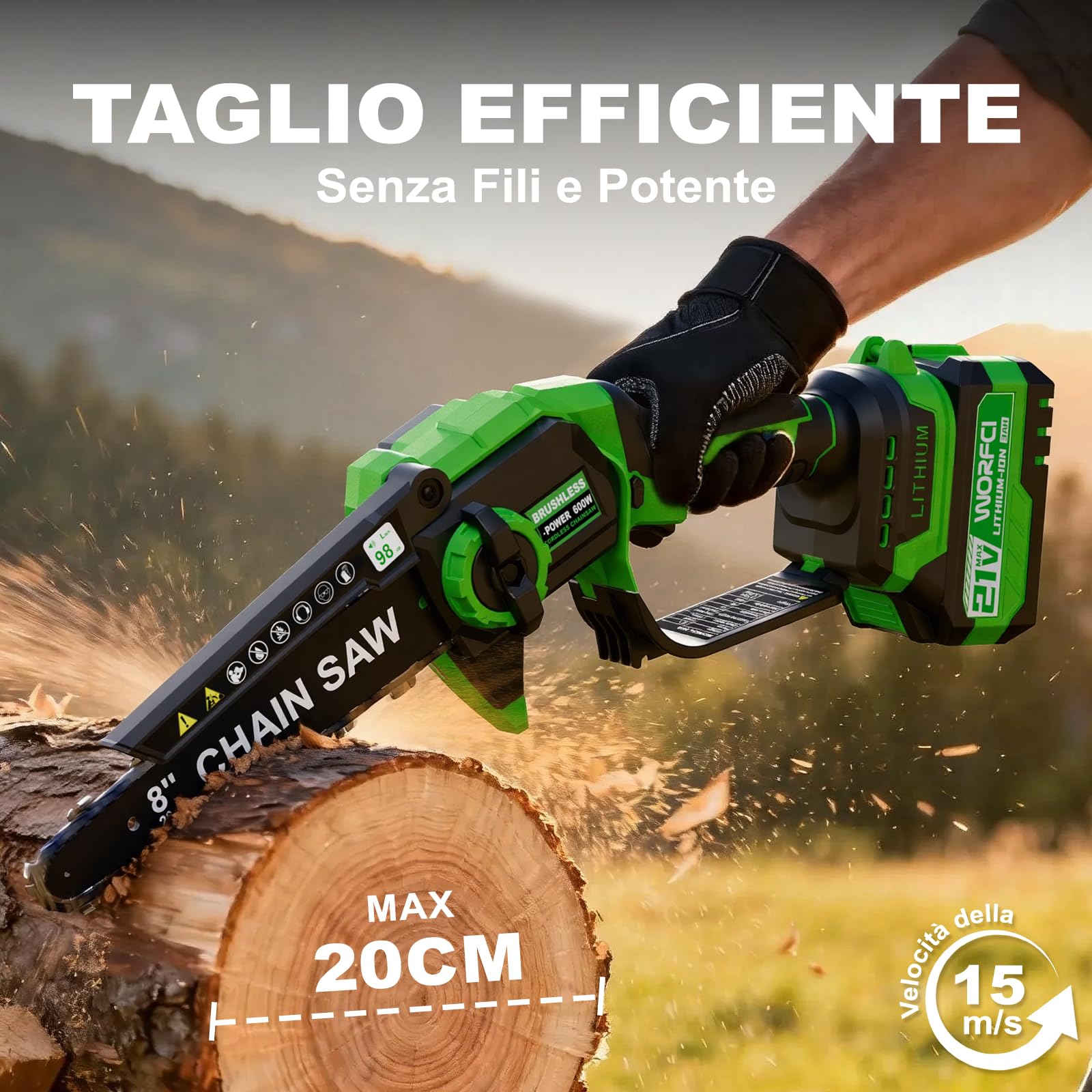 8 Pollici Mini Motosega con 2 Batterie e Caricatore, Sega a Batteria per Potatura Senza Fili, Brushless Motosega con Lubrificazione Automatica, Motosega Elettrica Potatura di Legno/Alberi