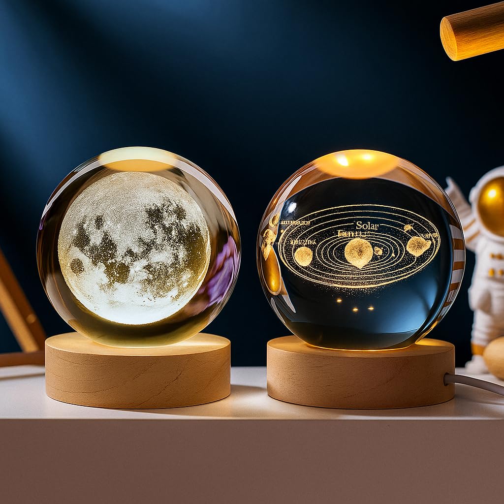 One94Store Moon and Solar 3D Crystal Ball Night Lamp Combo | USB-Powered K10 Crystal LED Lights with Wooden Base | Ideal Gift for Home, Bedroom & Nature Lovers (Combo)