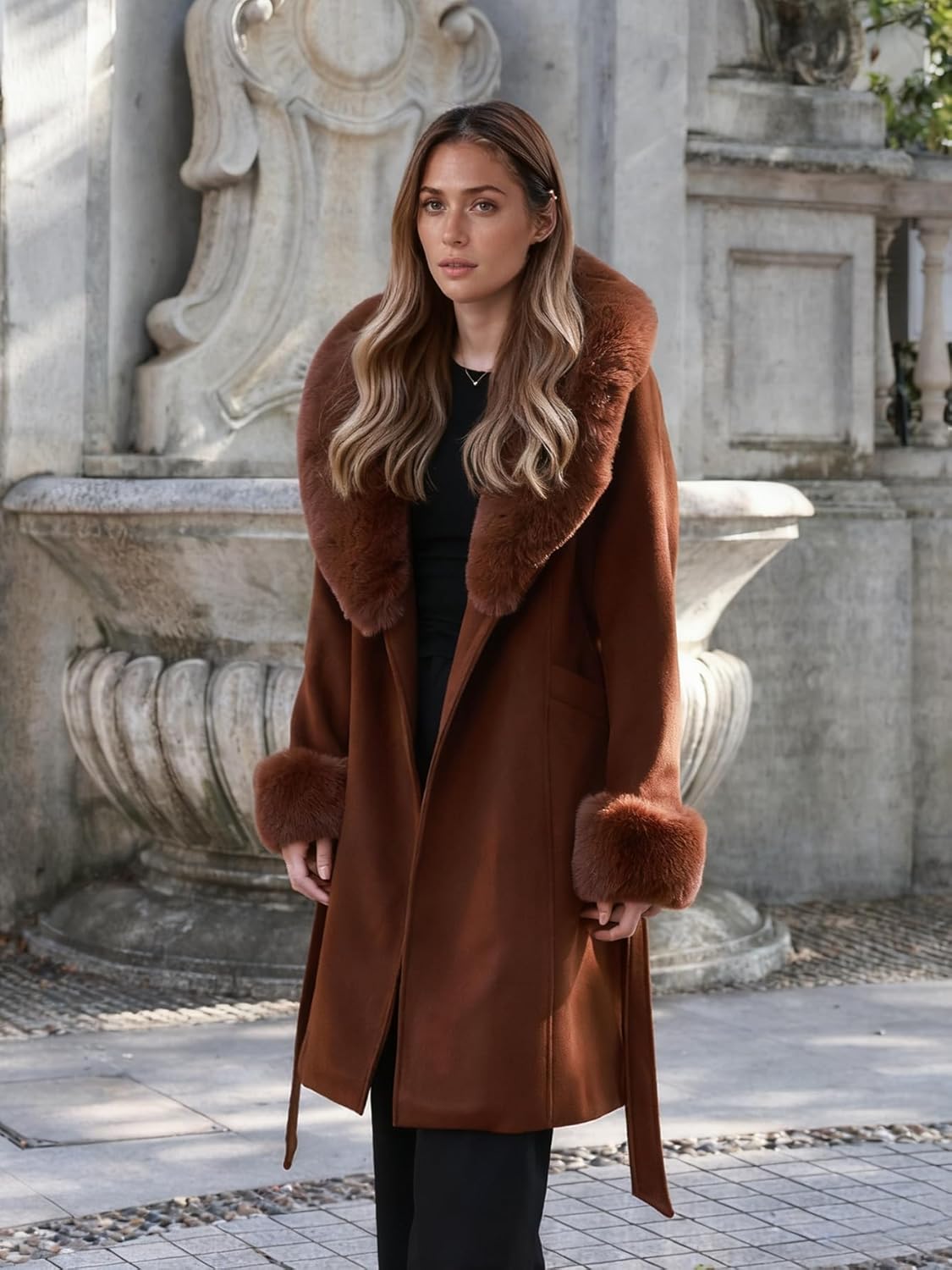 Womens Fur Trench Coat Elegant Jacket Warm Long Fall Winter Overcoat With Fur Collar & Belt - Image 4