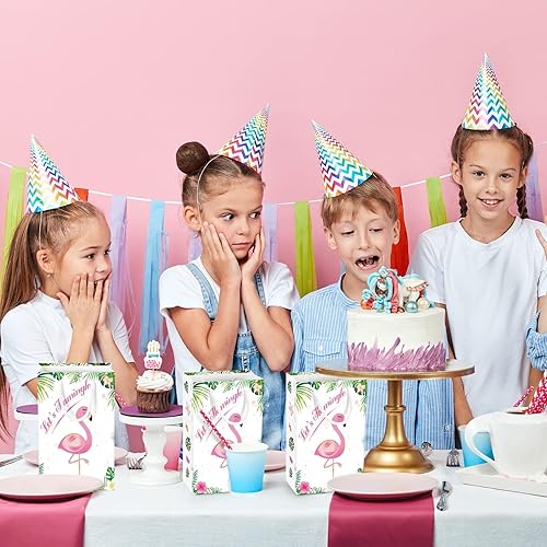 Miniatura 7 de WERNNSAI 16 bolsas de regalo de flamenco, recuerdos de fiesta temática tropical para niñas y niños, bolsas de papel duraderas para regalos,