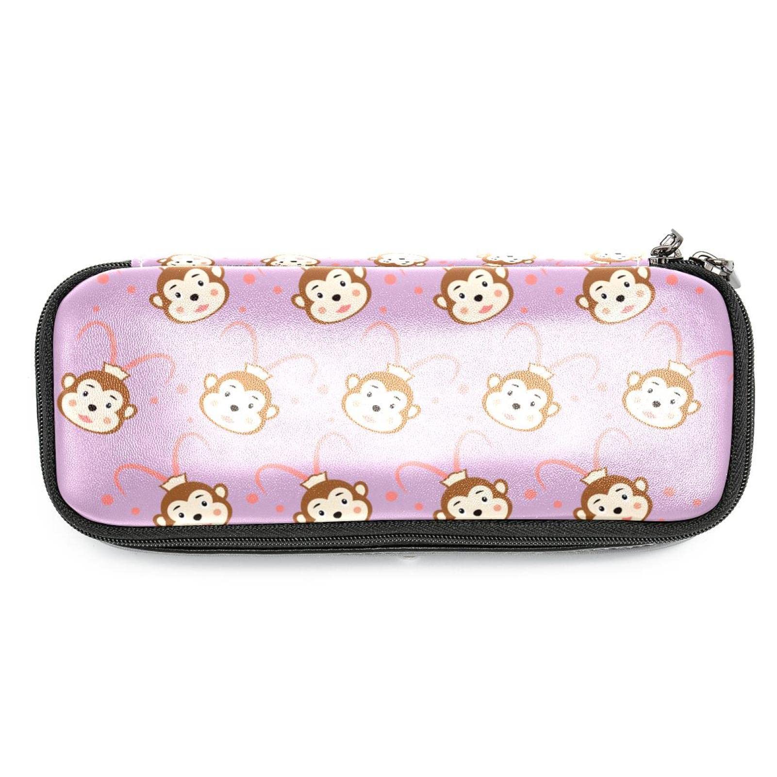 Leather Pencil Case Organiser with Compartment Crooked Monkey Pattern Large Capacity Students Stationery Bag Pen Marker Holder